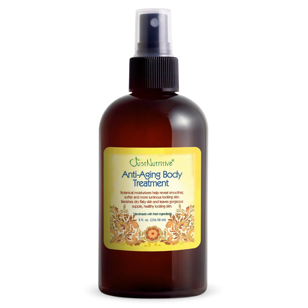 Just Nutritive anti-aging body treatment bottle close-up for daily hydration and silky-smooth skin.