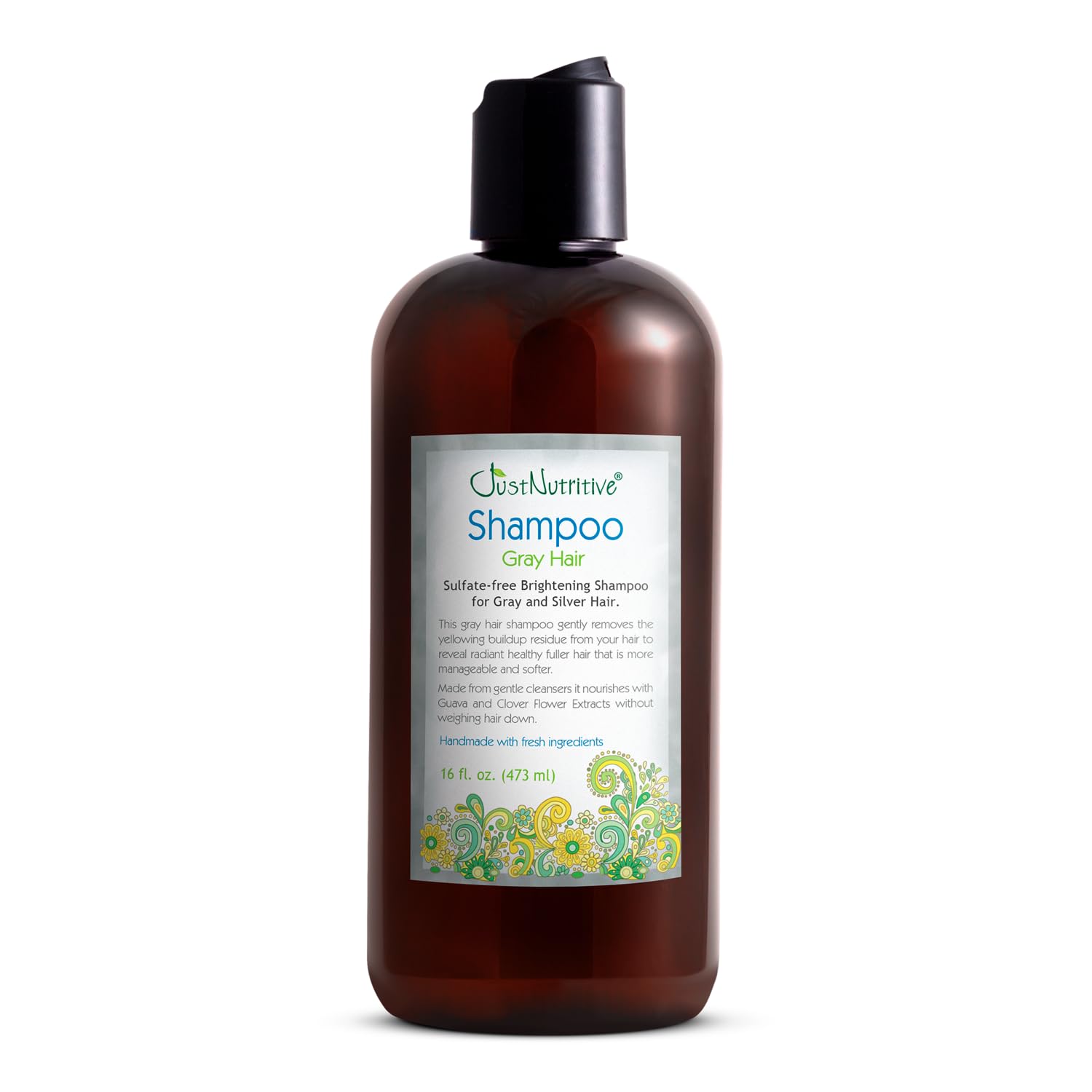 Just Nutritive Gray Hair Shampoo bottle demonstrates color-safe cleansing for gray hair.