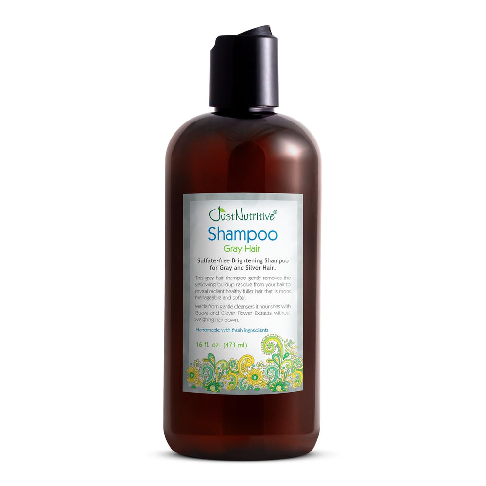 Just Nutritive Gray Hair Shampoo bottle demonstrates color-safe cleansing for gray hair.