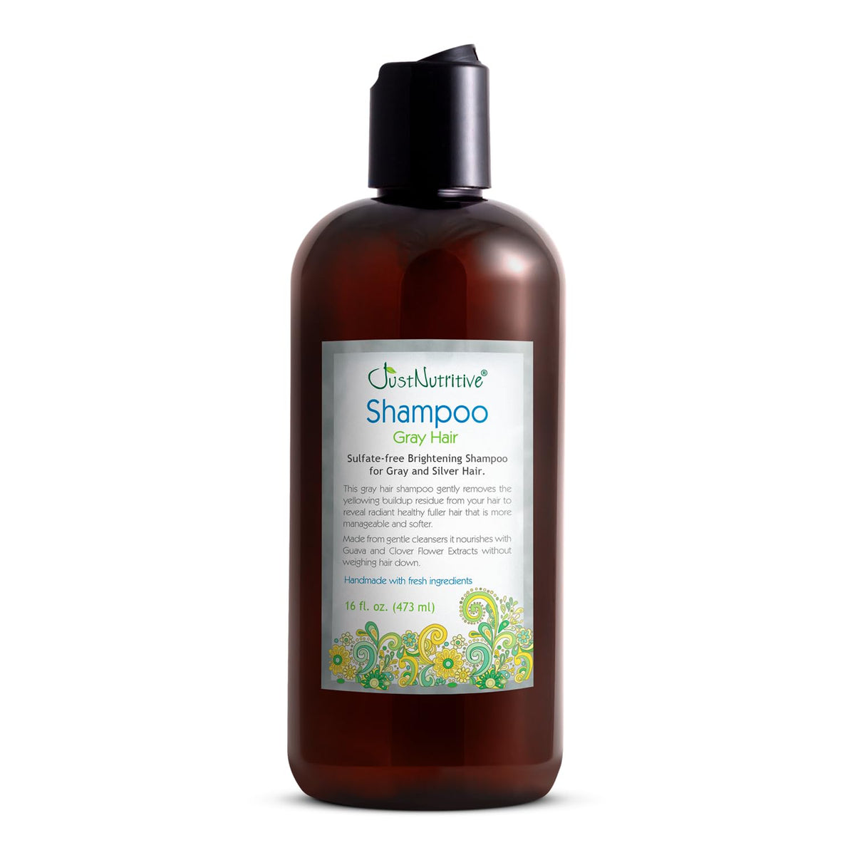 Just Nutritive Gray Hair Shampoo bottle demonstrates color-safe cleansing for gray hair.
