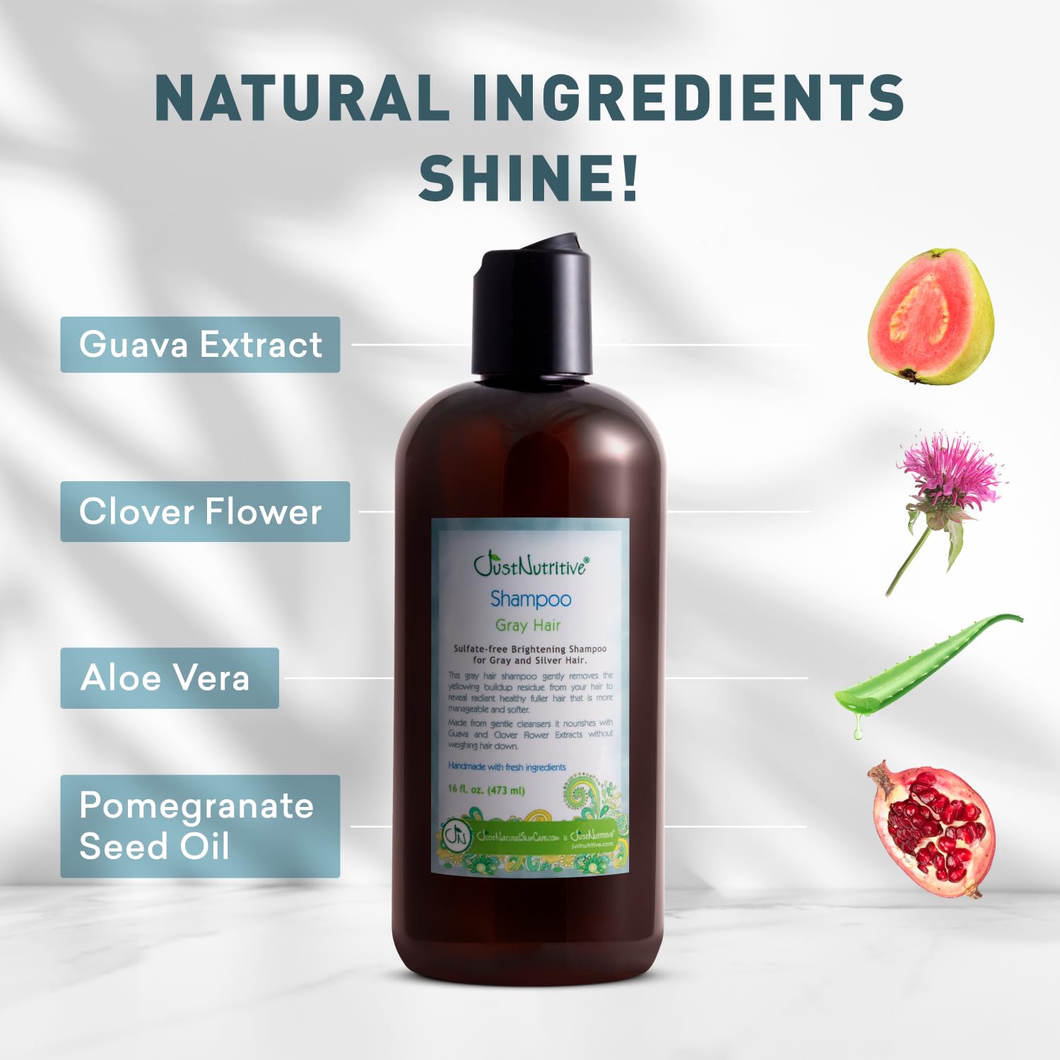 Just Nutritive Gray Hair Shampoo ingredients shot highlights clover flower and guava benefits.