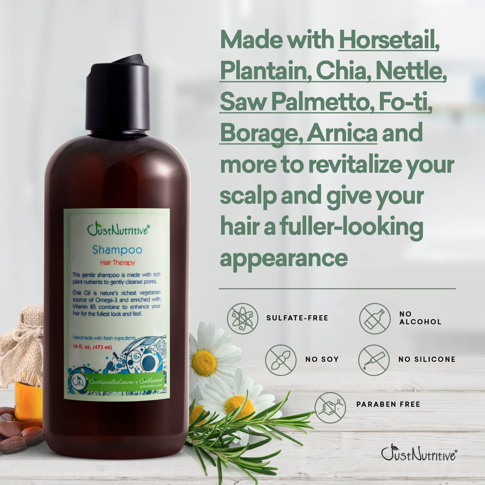 Just Nutritive hair-growth-shampoo-ingredients closeup reveals herbal extracts and nutrients