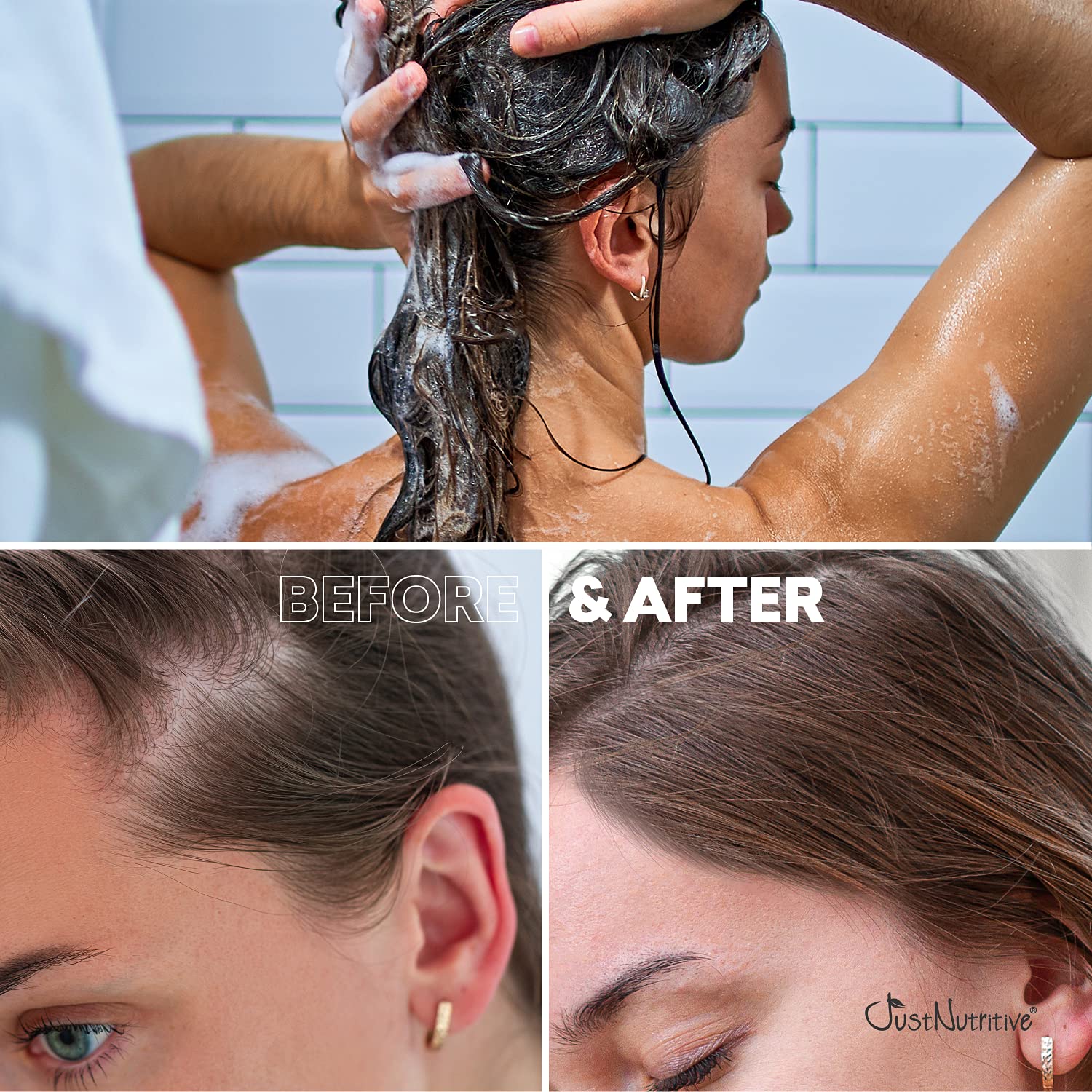 Just Nutritive hair-loss-shampoo-label-detail features key ingredients supporting follicle health