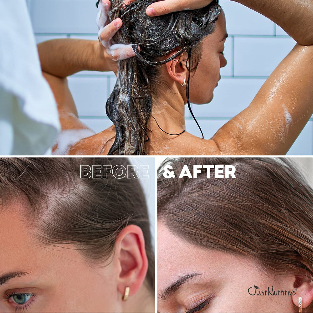 Just Nutritive hair-loss-shampoo-label-detail features key ingredients supporting follicle health