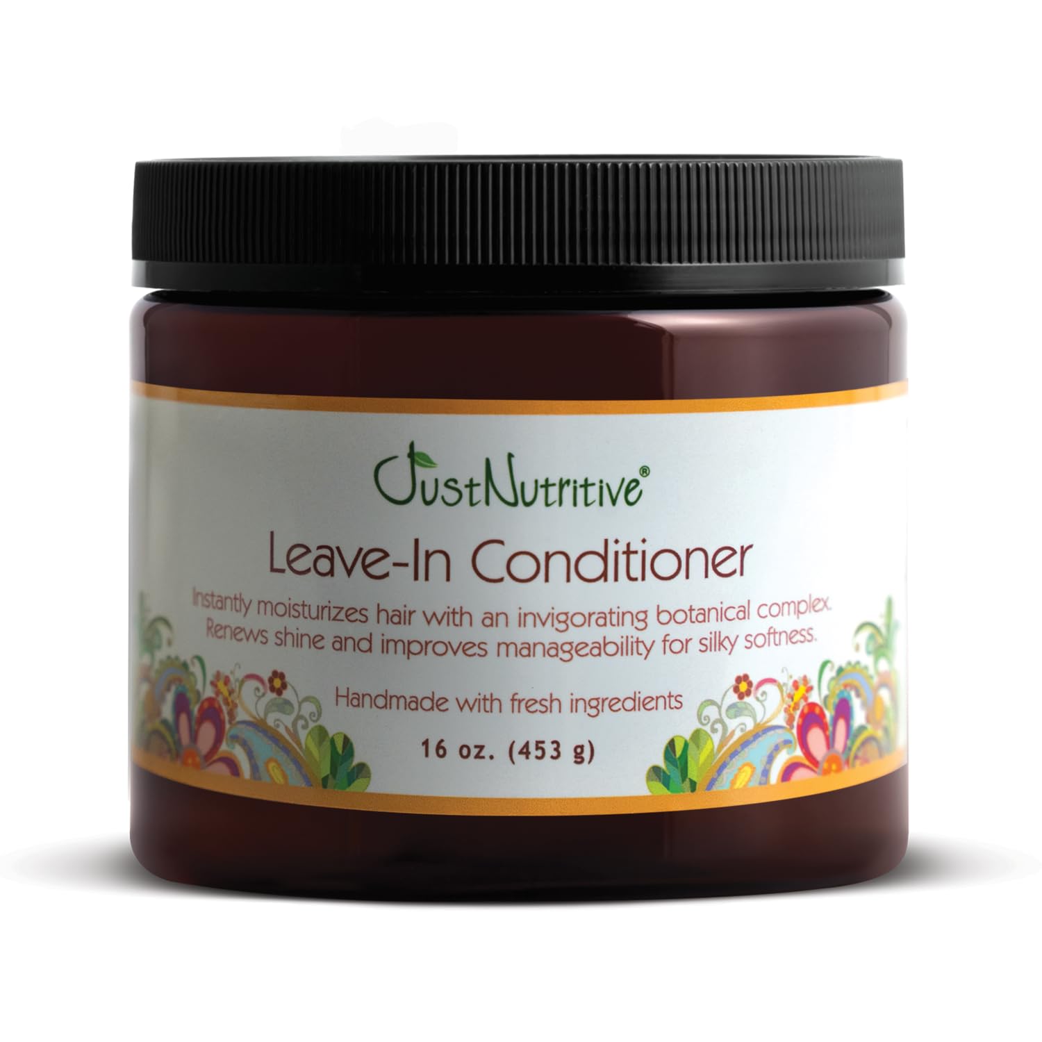 Just Nutritive Leave-In bottle close-up highlighting hydrating formula for all hair types.
