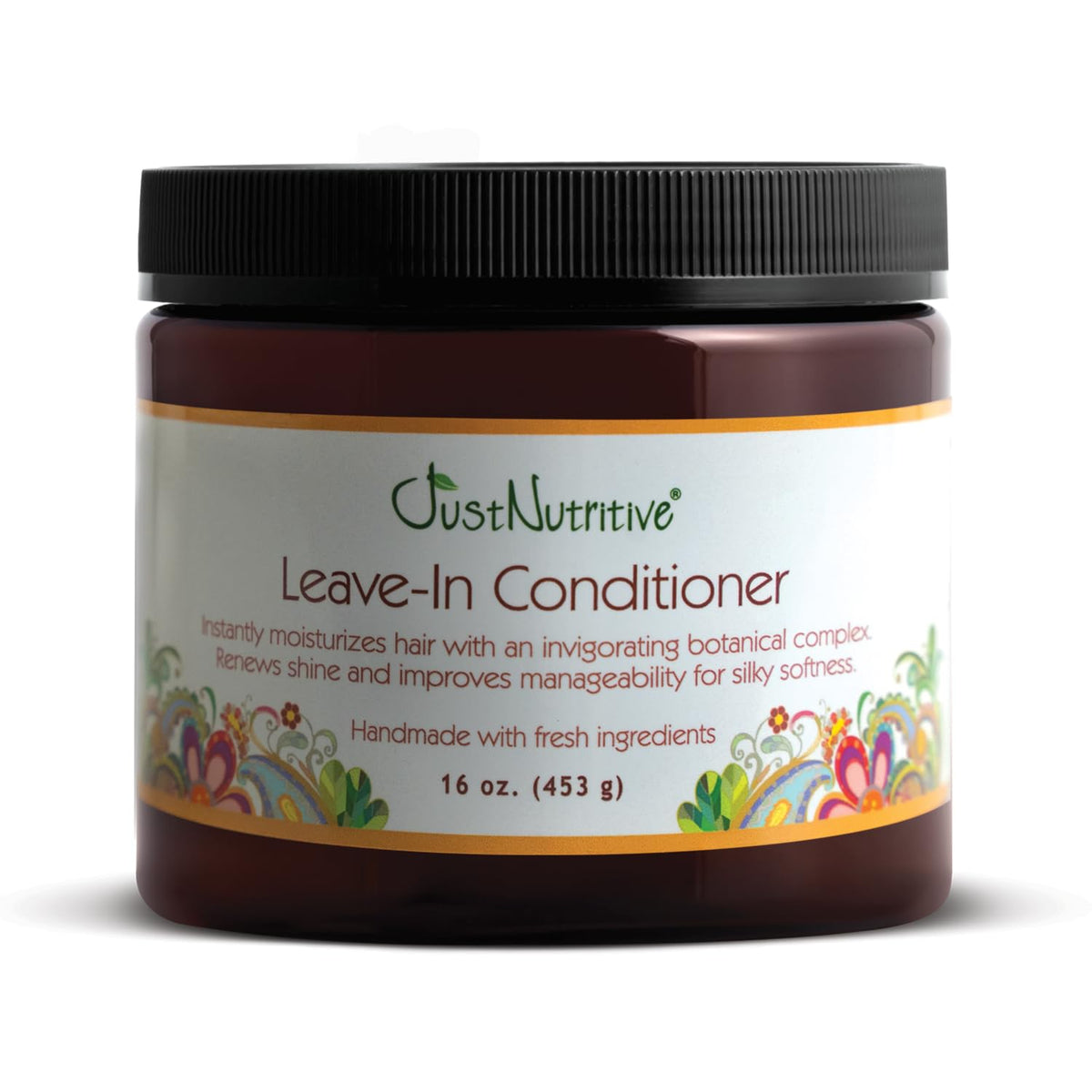 Just Nutritive Leave-In bottle close-up highlighting hydrating formula for all hair types.