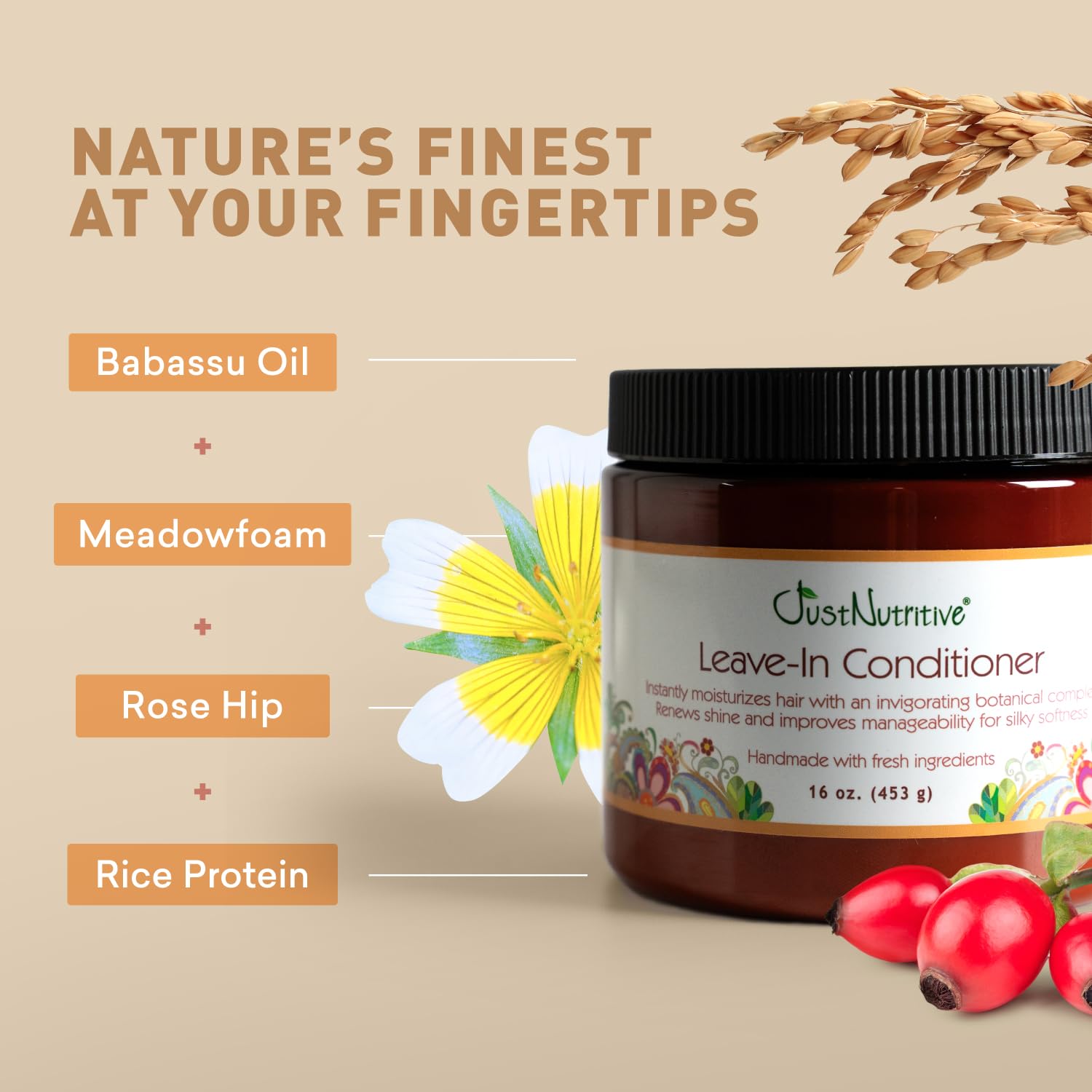 Just Nutritive Leave-In shown as cruelty-free and chemical-free solution.
