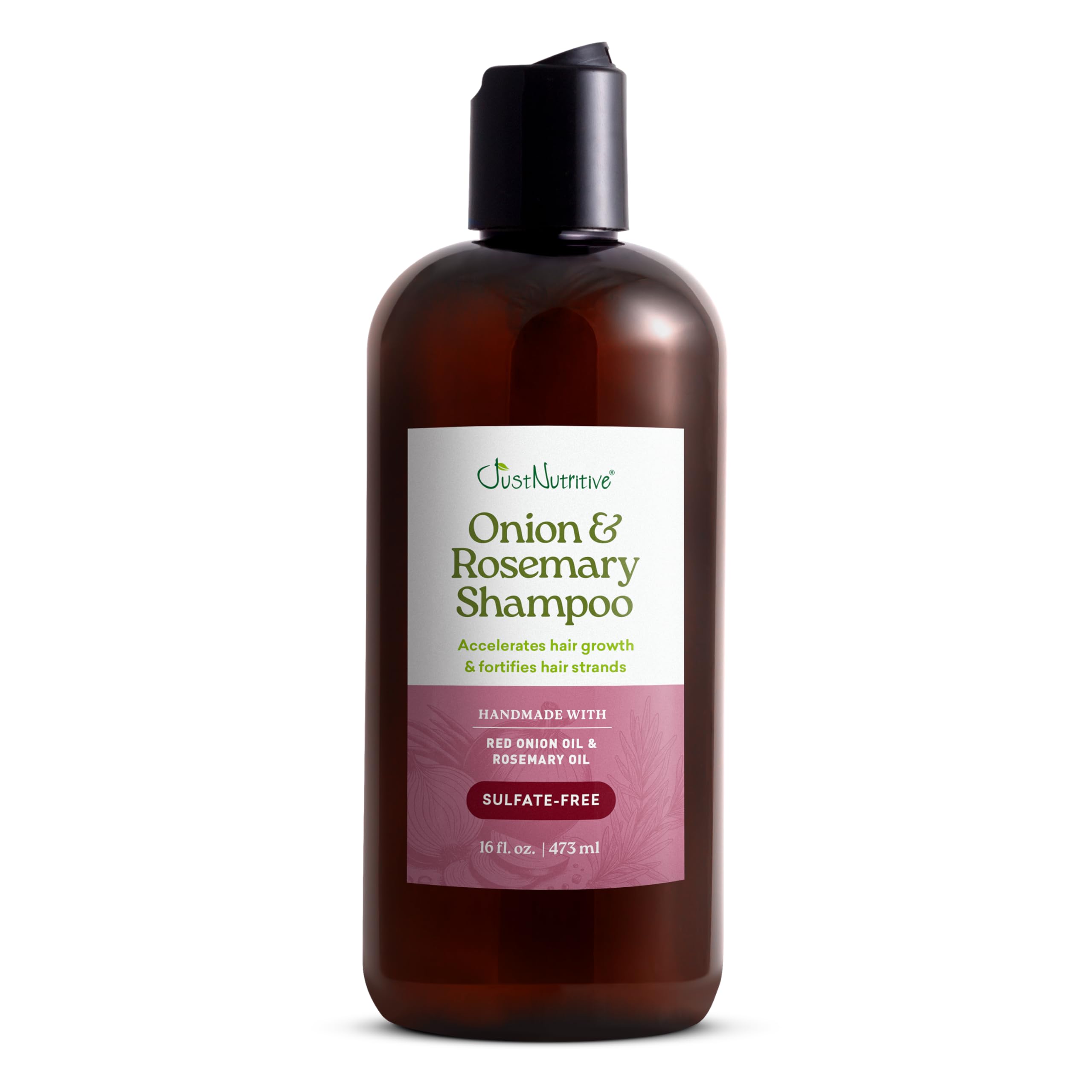 Just Nutritive Onion and Rosemary Shampoo bottle pour highlighting growth-supporting formula.
