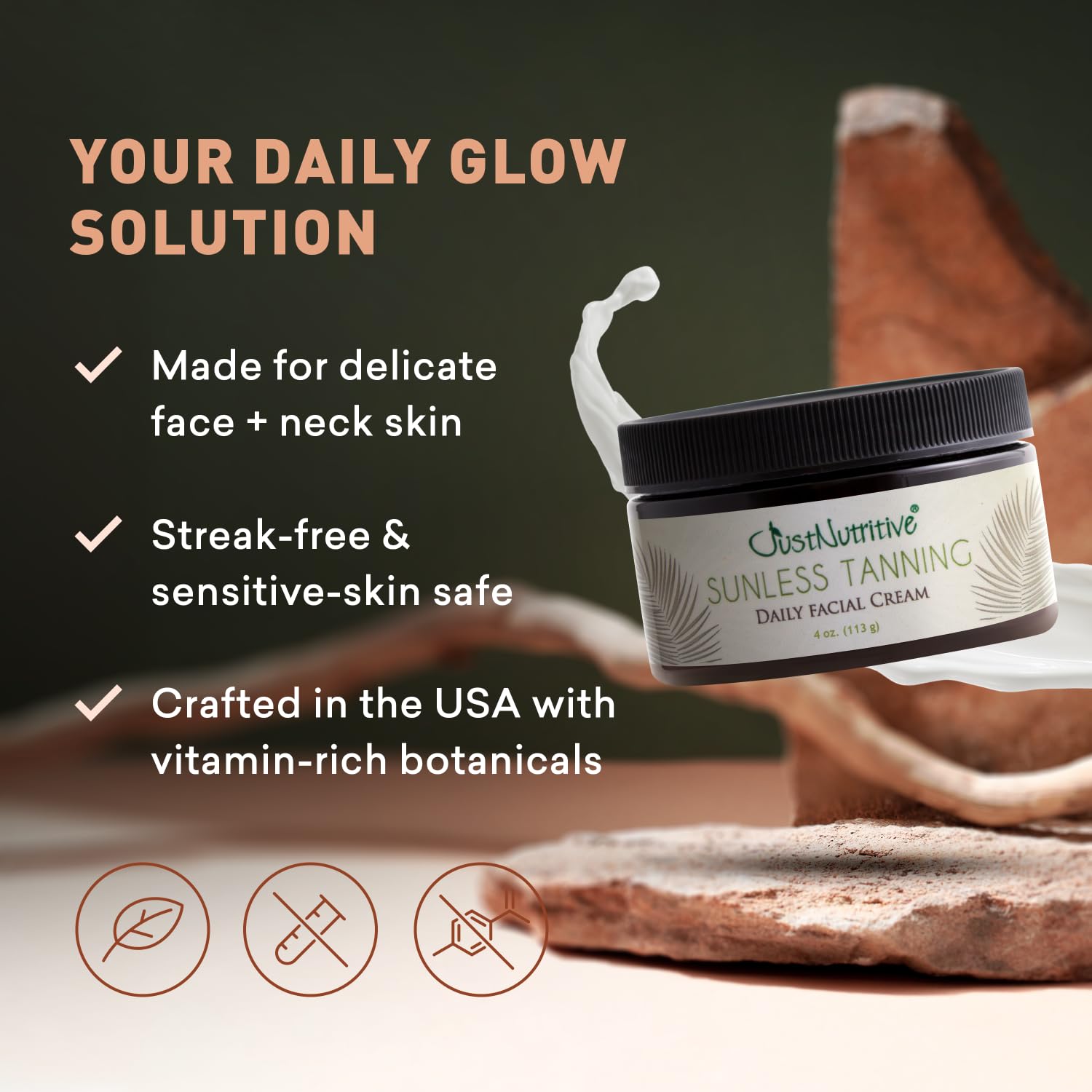 Just Nutritive Sunless Tanning Daily Facial Cream applying on face and neck