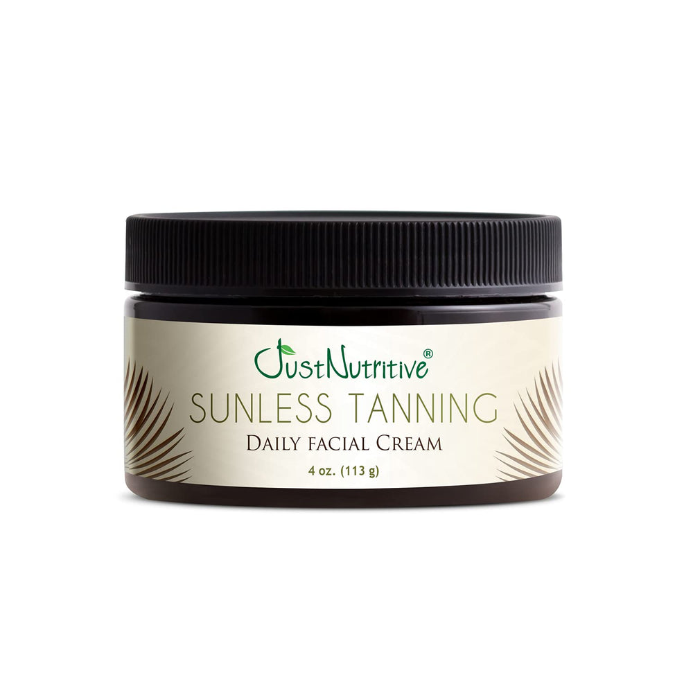 Just Nutritive Sunless Tanning Daily Facial Cream tube closeup showing creamy bronze tint