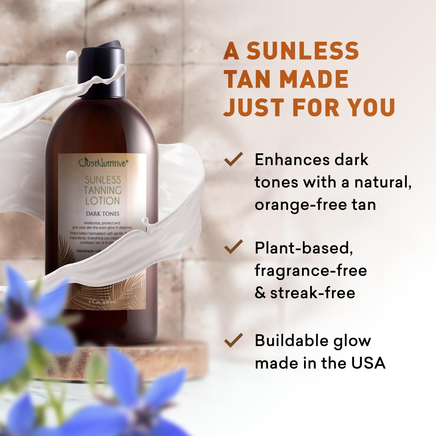 Just Nutritive Sunless Tanning Lotion Dark Tones on skin shows even color
