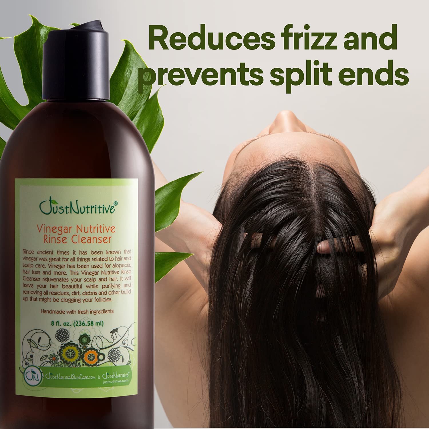 Just Nutritive Vinegar Nutritive Rinse bottle in bathroom promotes daily scalp refresh