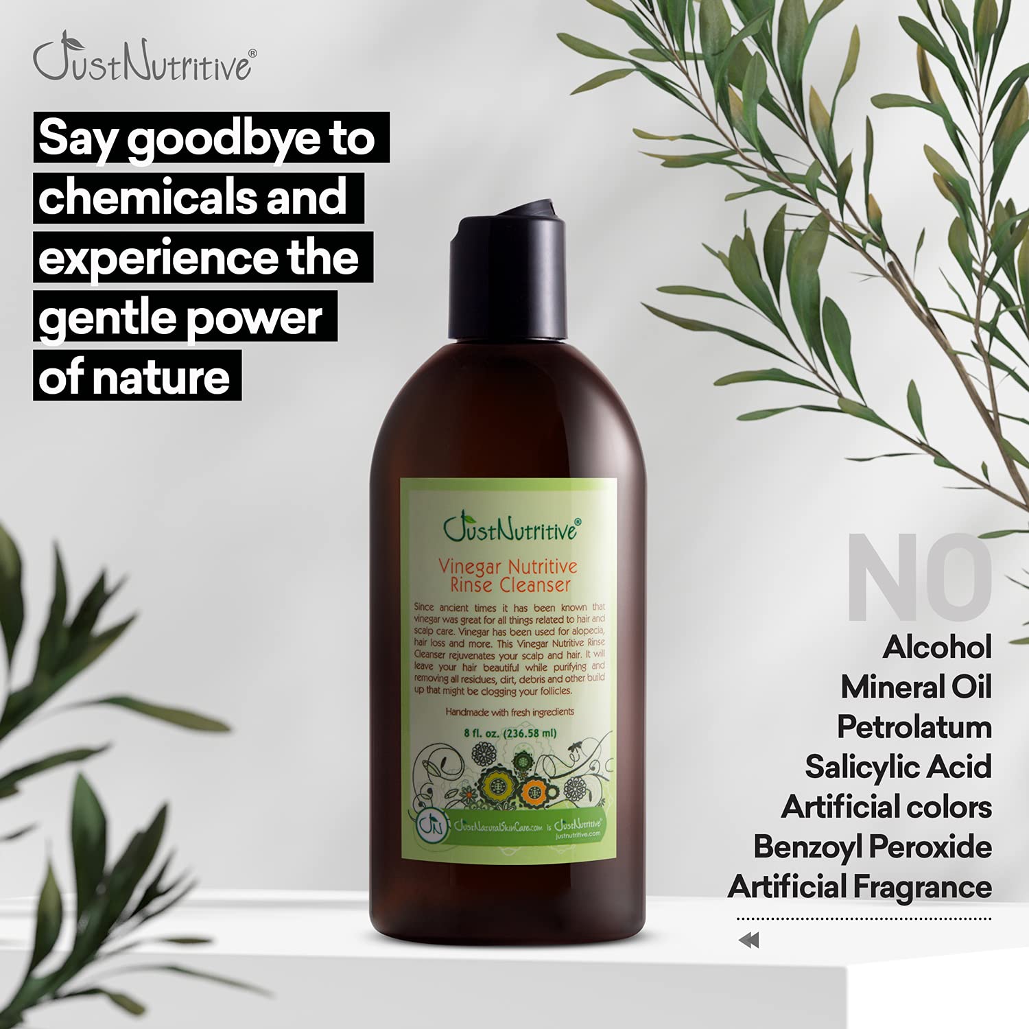 Just Nutritive Vinegar Nutritive Rinse hair-shine view highlighting smoother detangling and frizz control