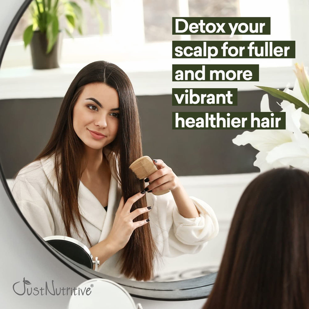 Just Nutritive Vinegar Nutritive Rinse scalp-clarity close-up shows detox and refreshed scalp