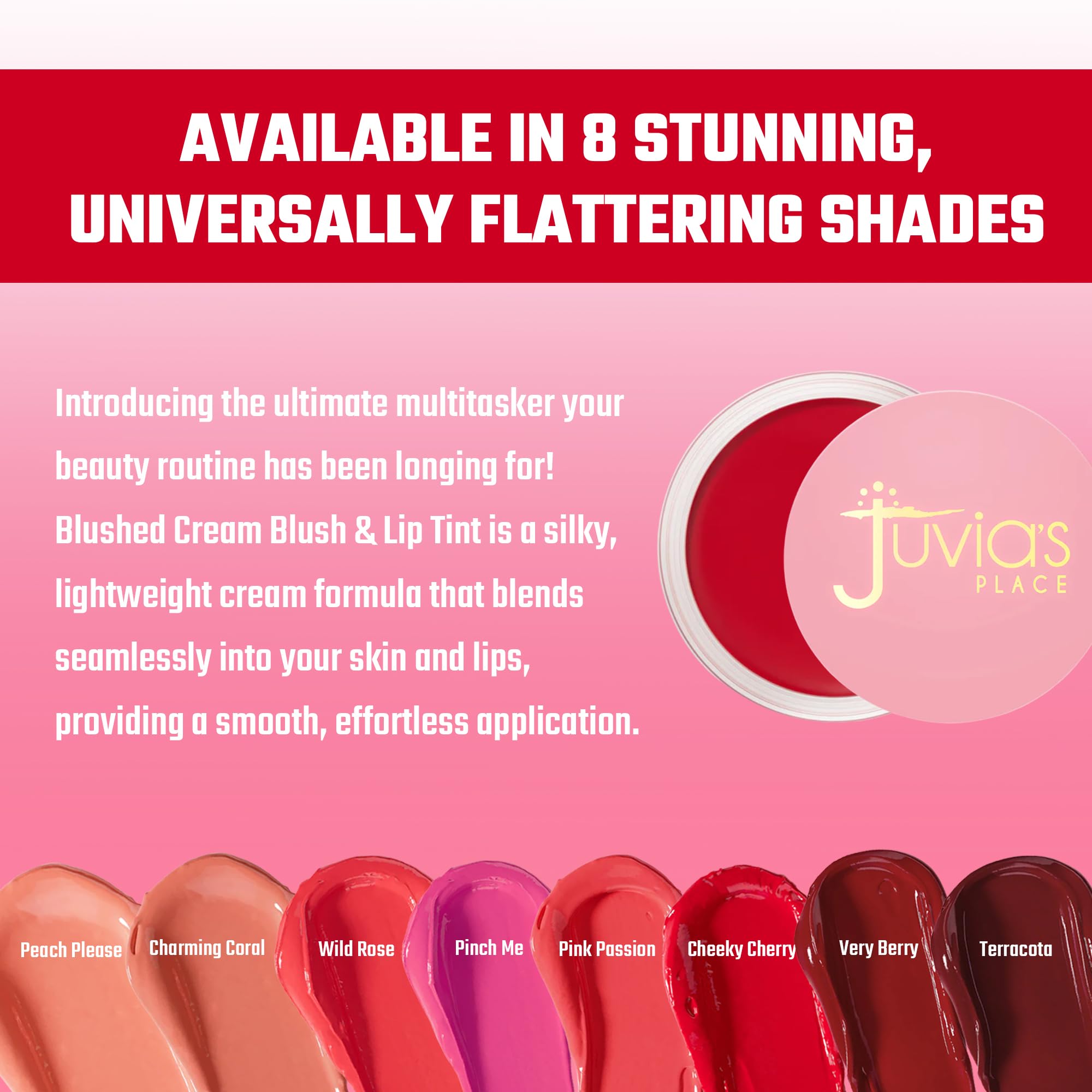 Juvia's Place Blushed Cream Blush packaging highlights shade Cheeky Cherry option.