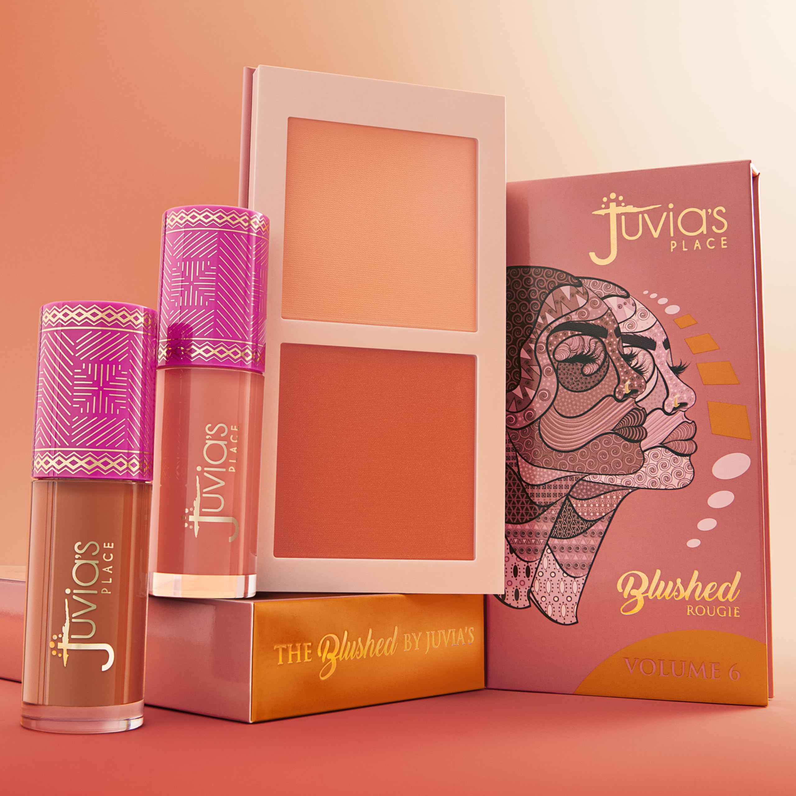 Juvia's Place Blushed Duo Volume6 soft finish highlights warm rosy tones for everyday wear.