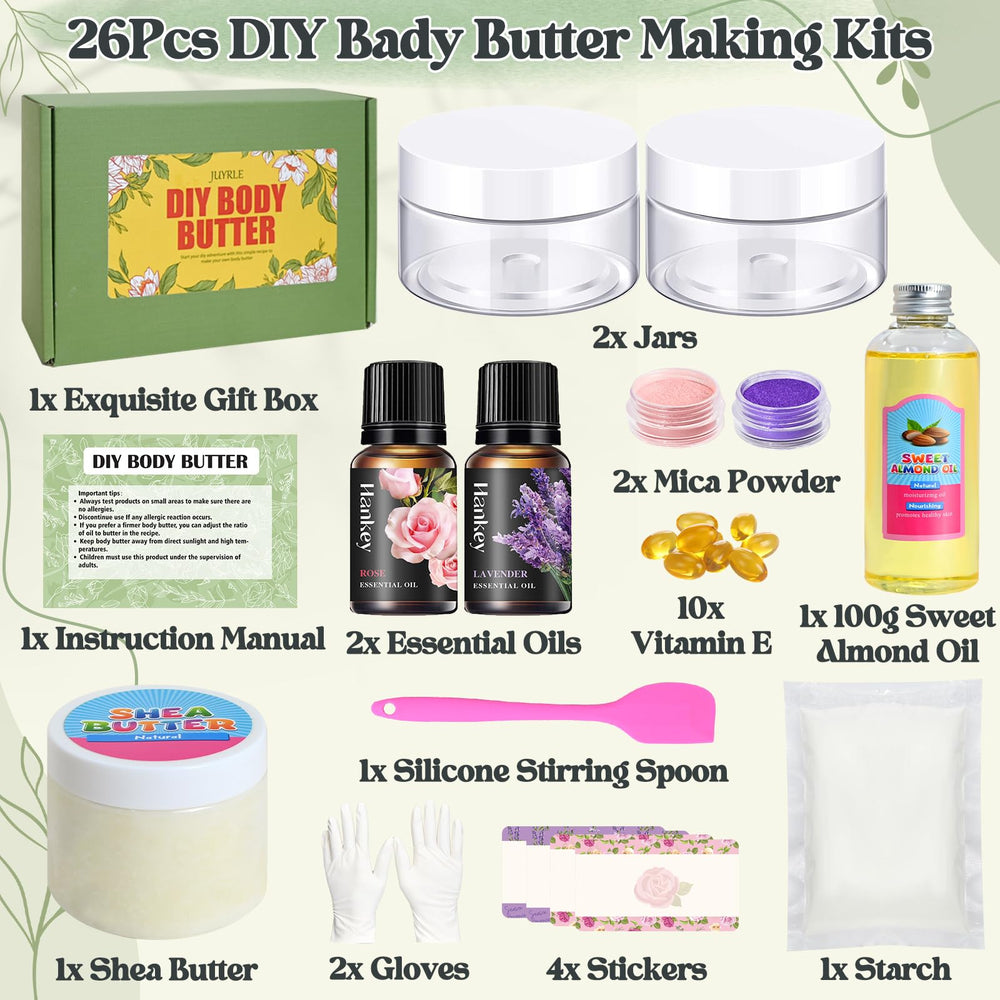 JUYRLE body butter kit features shea butter, ideal for nourishing DIY moisturizer.