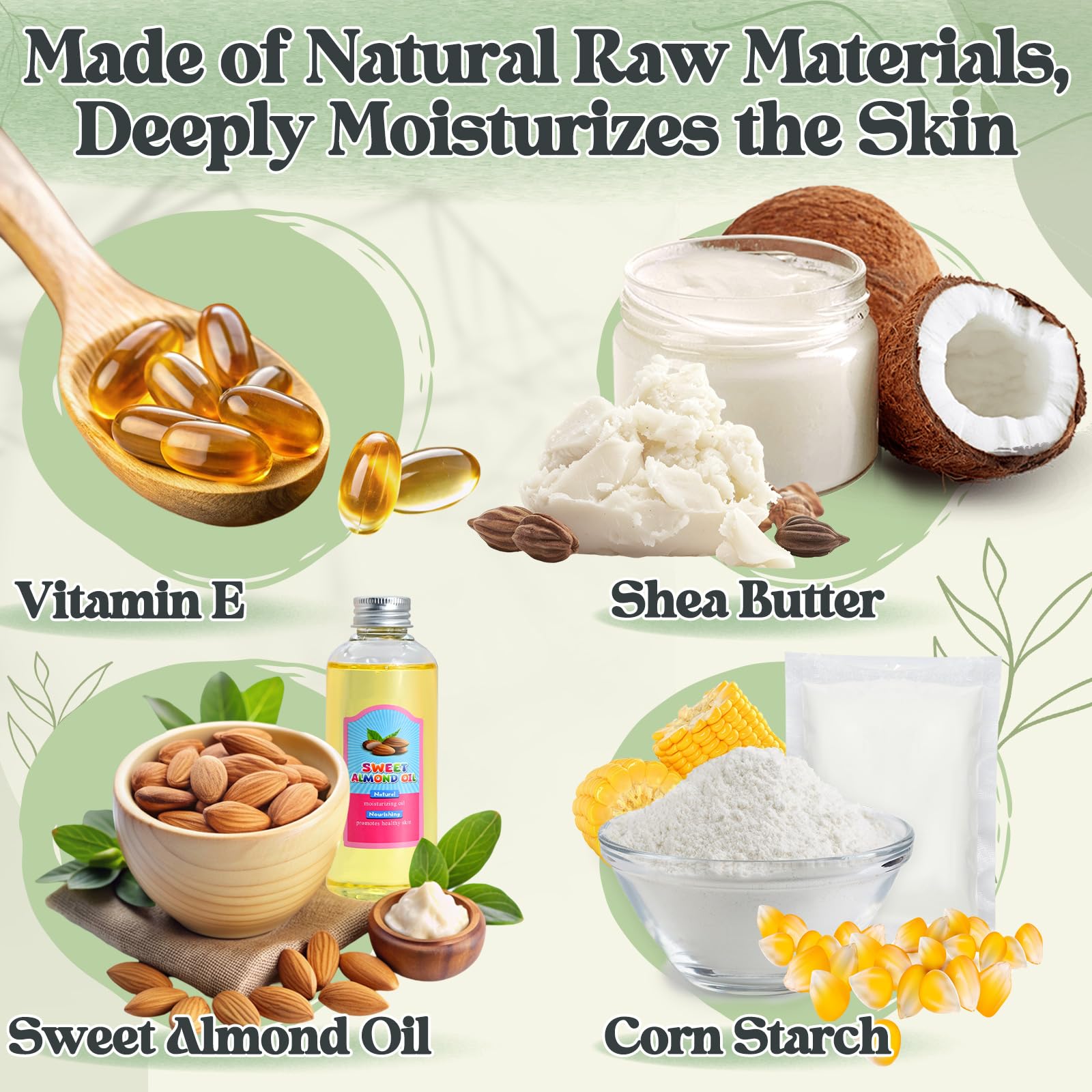 JUYRLE kit shows almond oil bottle for silky, soft skin results.