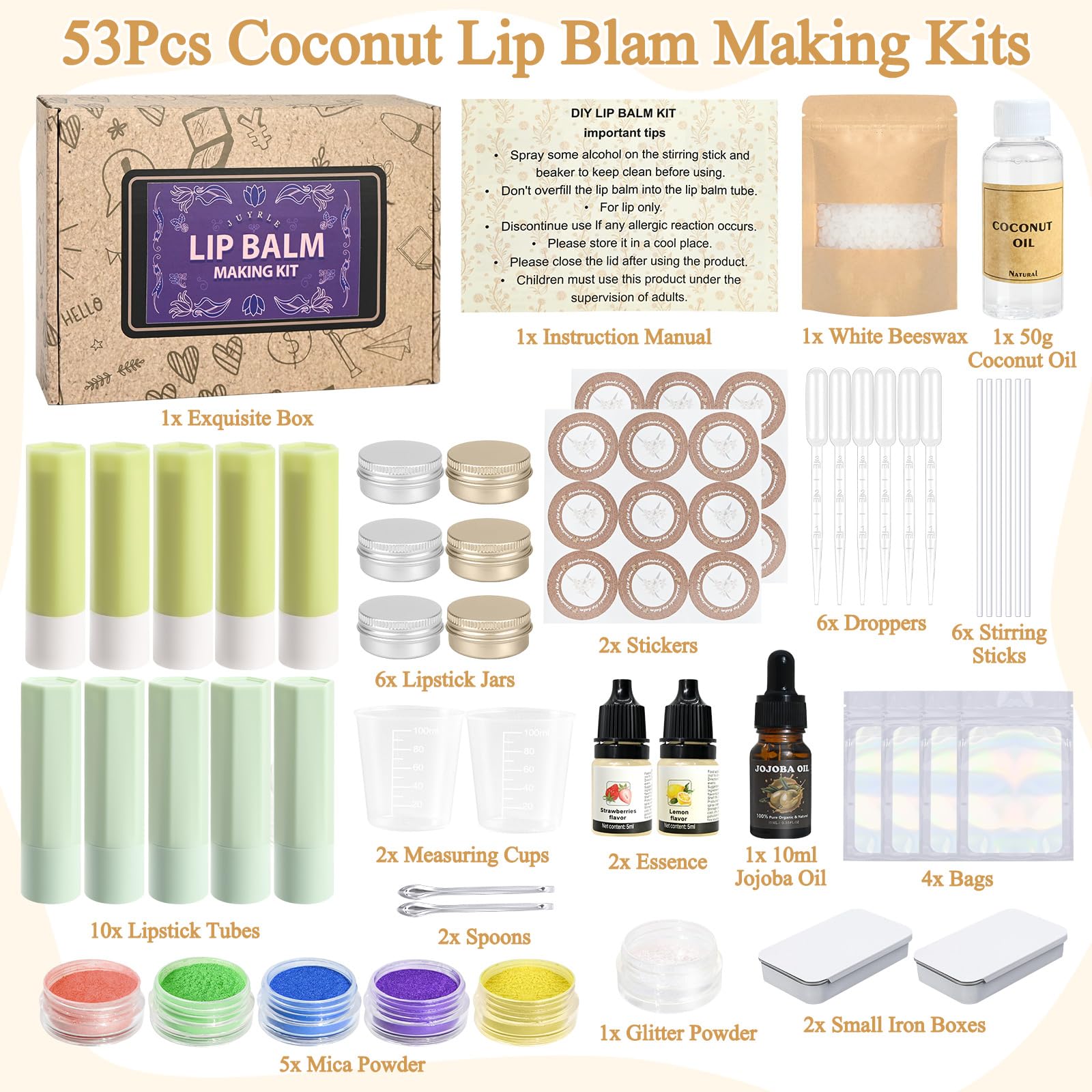 JUYRLE lip balm kit ingredients with coconut and jojoba oils for nourishing balms