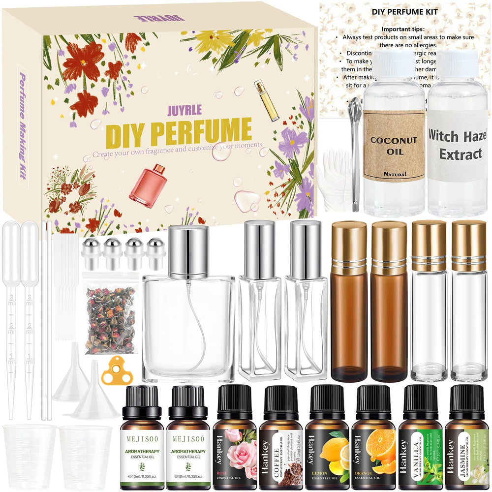 JUYRLE perfume making kit overview showing everything for DIY fragrance creation.