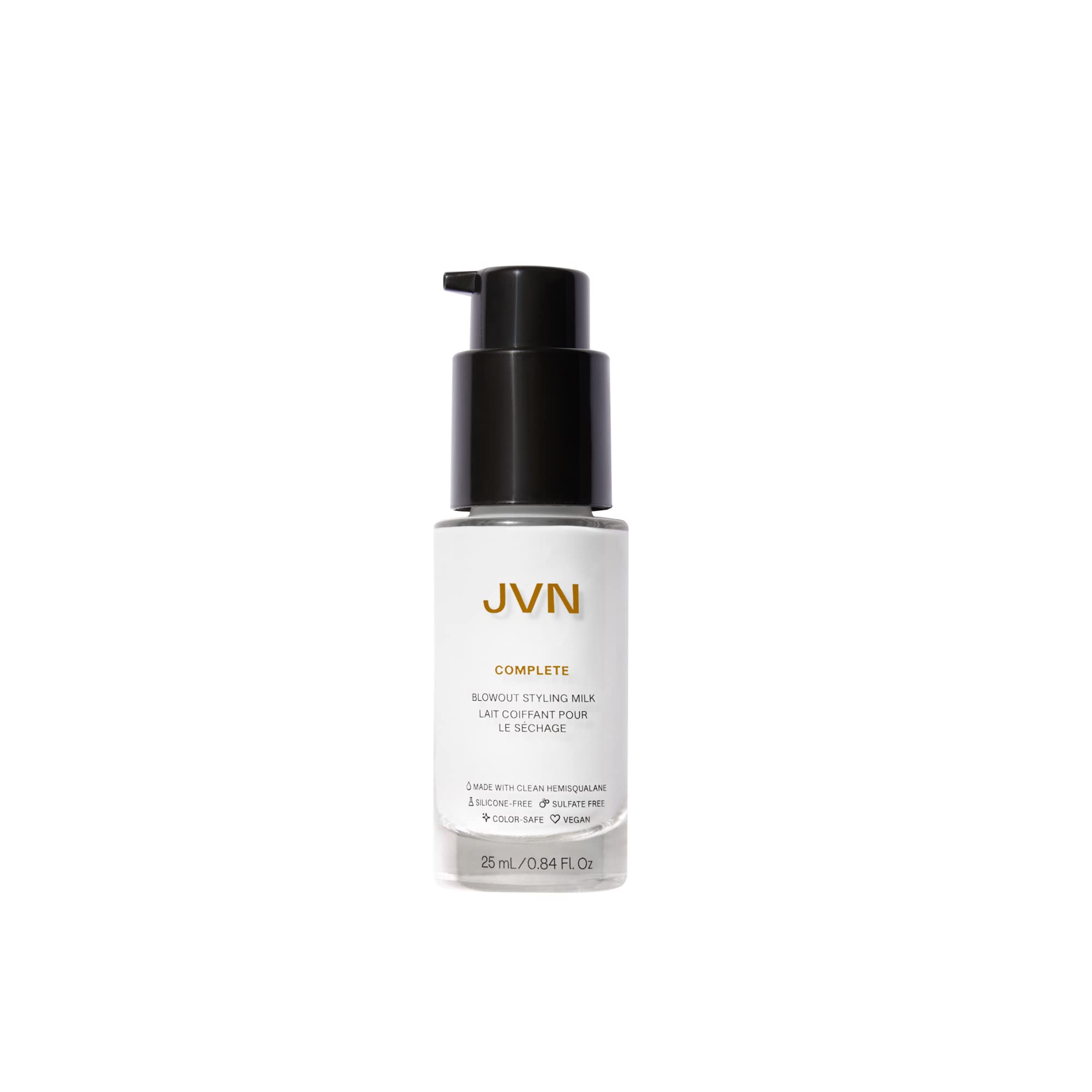 JVN Complete Blowout Styling Milk bottle closed for travel-friendly frizz control on the go