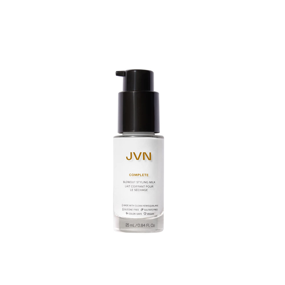 JVN Complete Blowout Styling Milk bottle closed for travel-friendly frizz control on the go