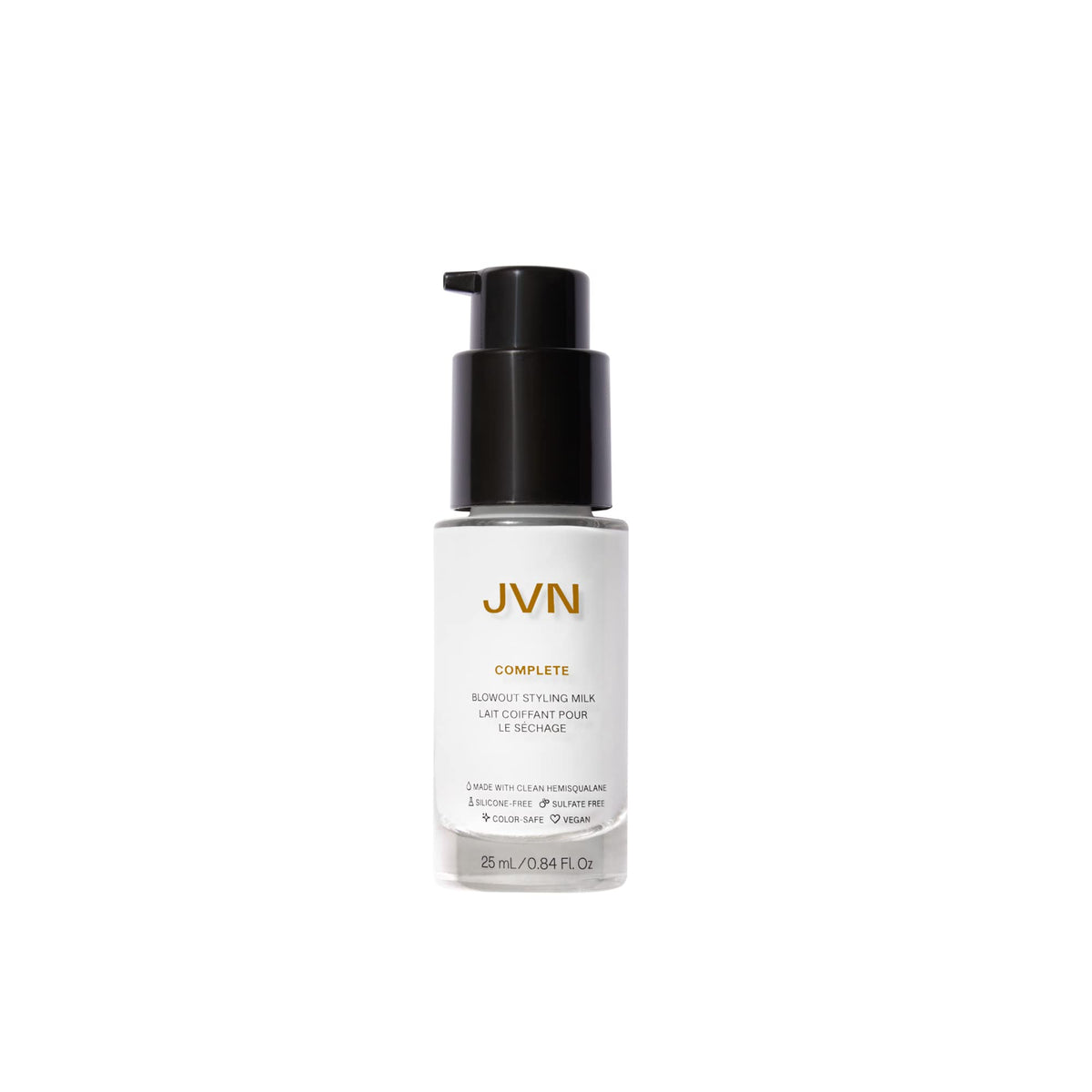 JVN Complete Blowout Styling Milk bottle closed for travel-friendly frizz control on the go