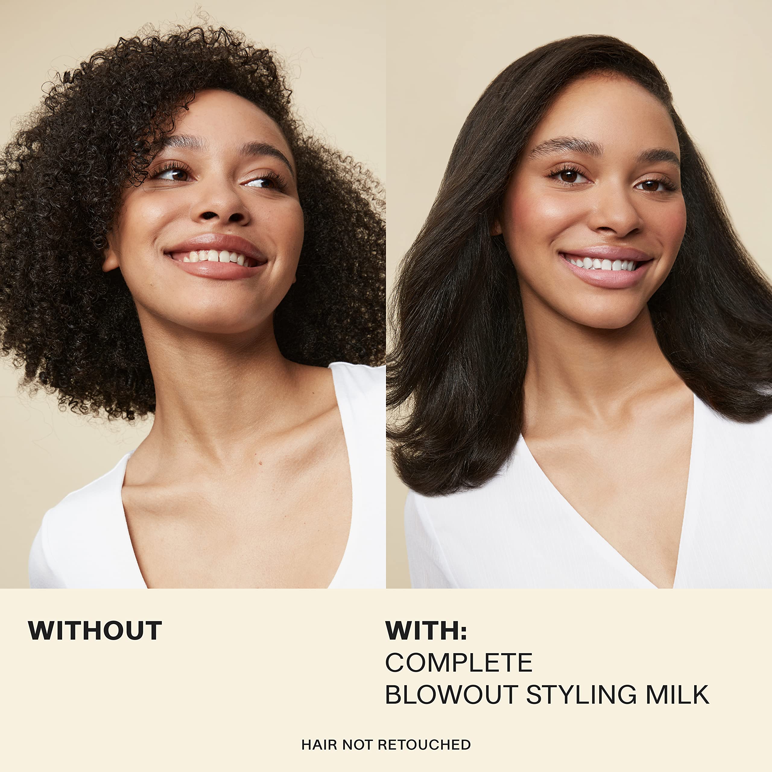 JVN Complete Blowout Styling Milk frizz-control image emphasizes up to 48-hour smoothness with proper blow-drying technique.