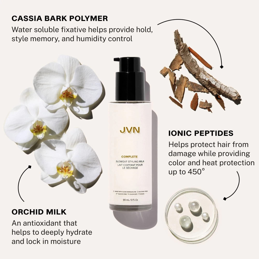 JVN Complete Blowout Styling Milk pump enables easy, mess-free application for smooth mid-lengths and ends.