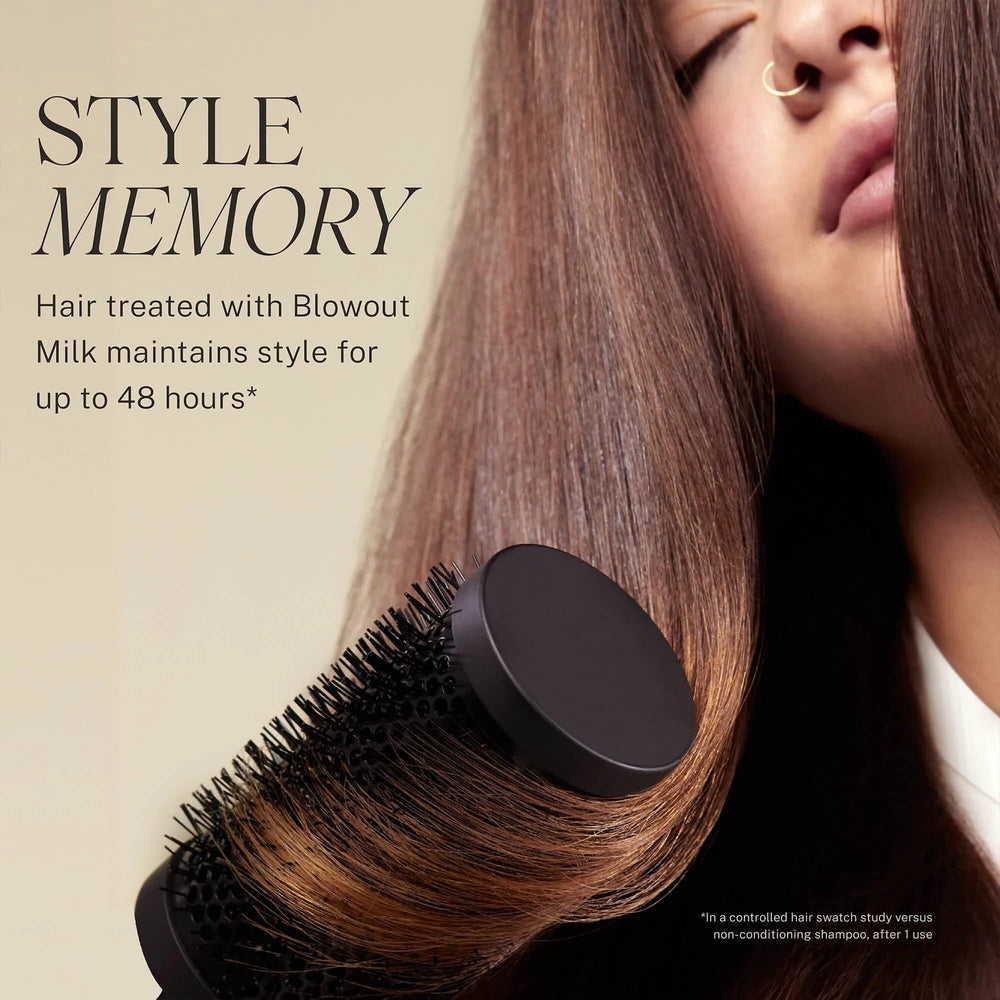 JVN Complete Blowout Styling Milk texture highlights a light, creamy consistency suitable for all hair types.
