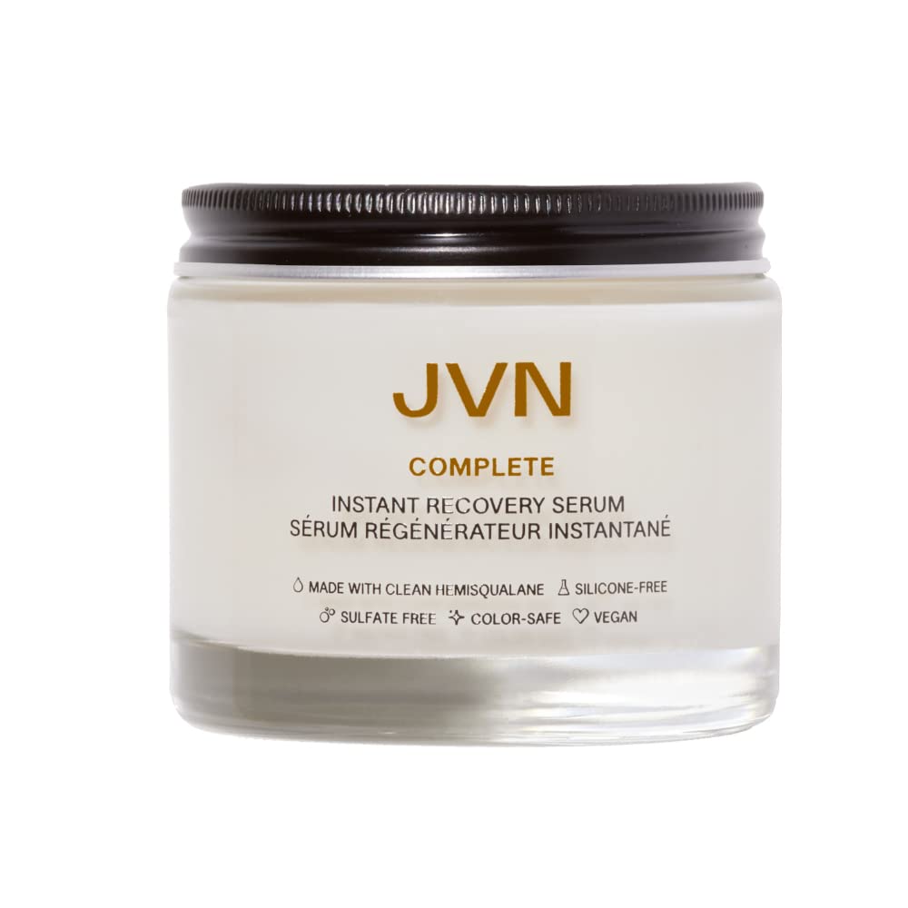 JVN Complete Instant Recovery Hair Serum bottle—frizz control for sleek, healthy-looking hair.