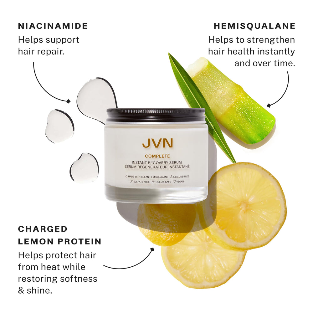 JVN Complete Instant Recovery Hair Serum bottle—heat protection supports safer heat styling.