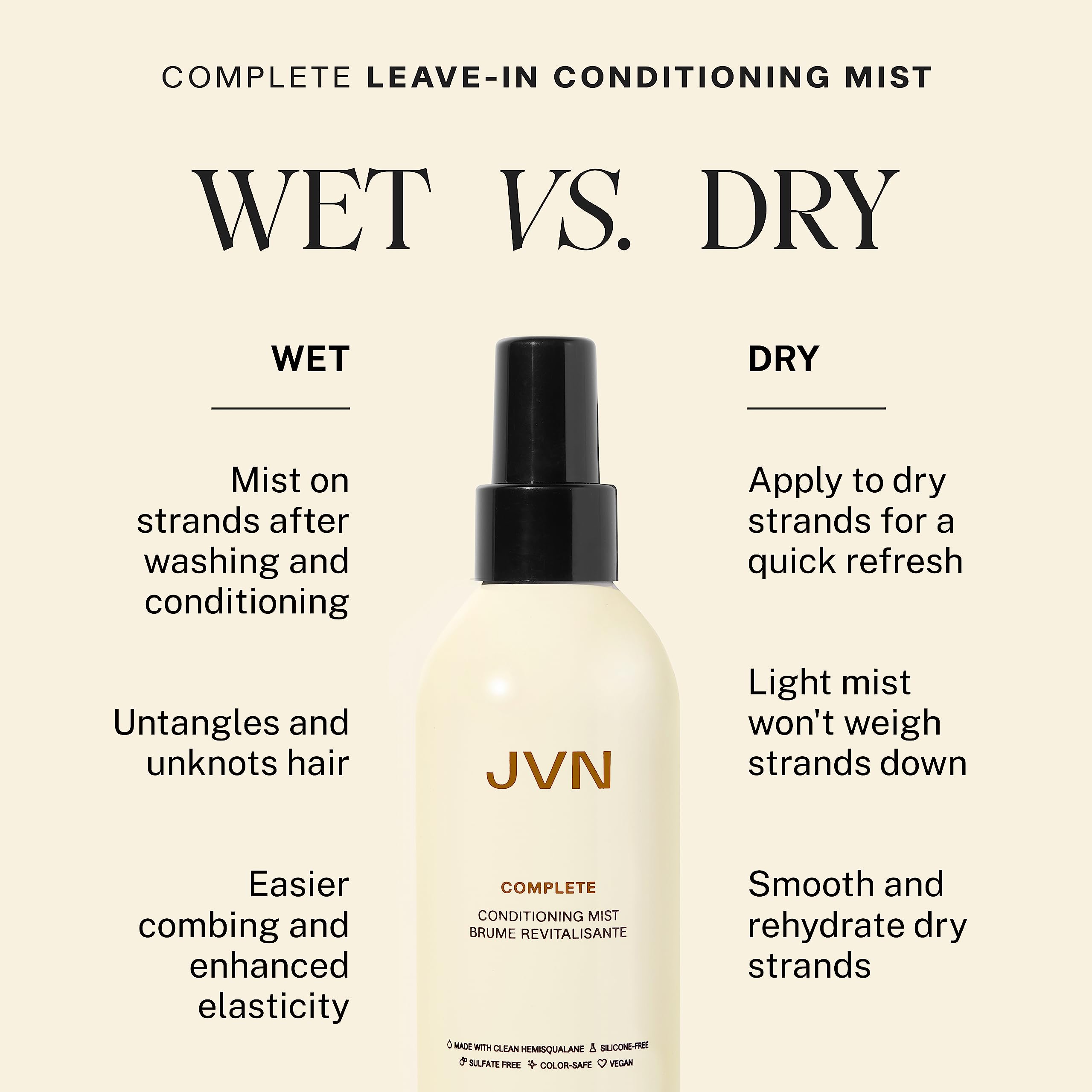 JVN Complete Leave-In Conditioning Mist spray action showing even dispersion