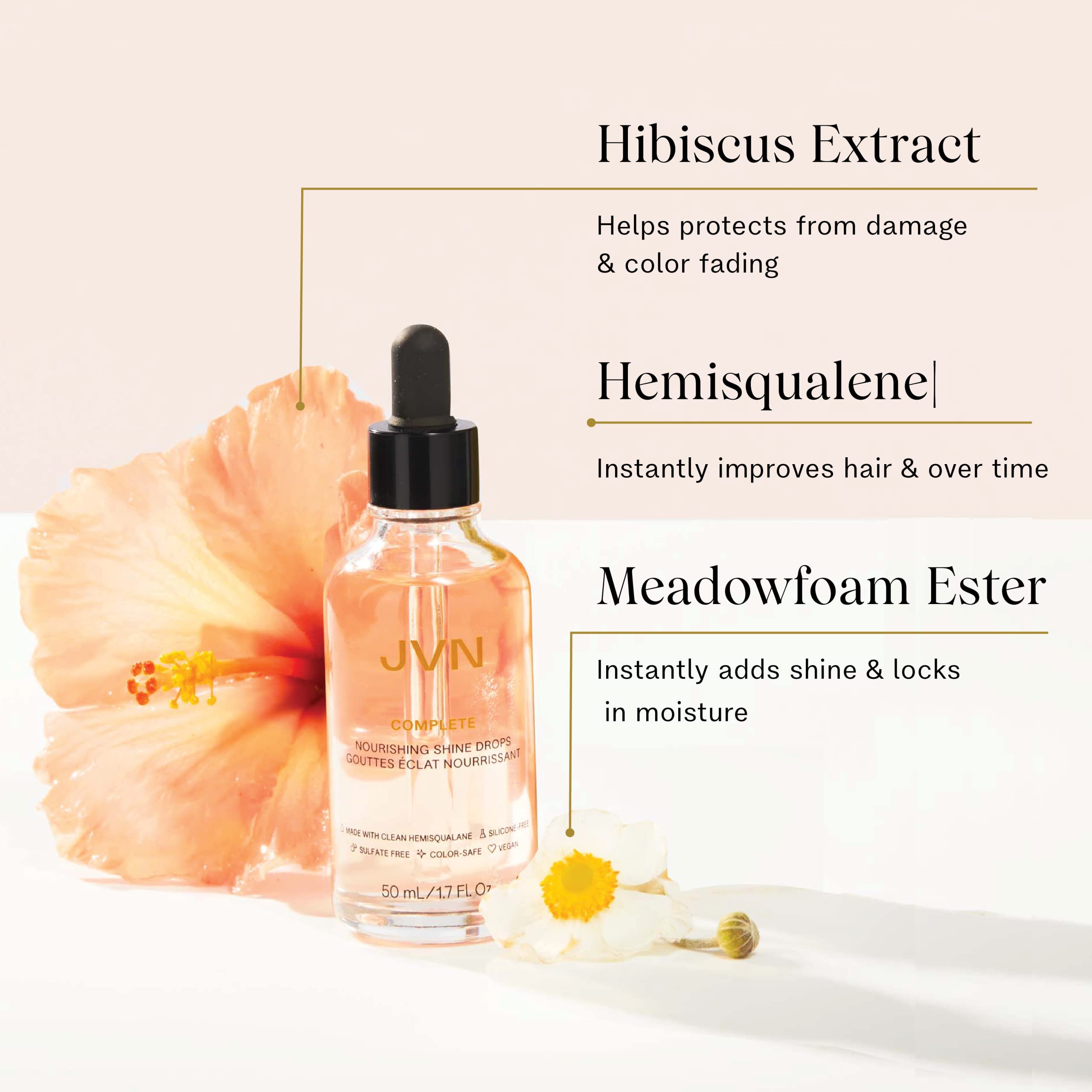JVN Complete Nourishing Shine Drops bottle with dispenser suggests effortless routine and portability.