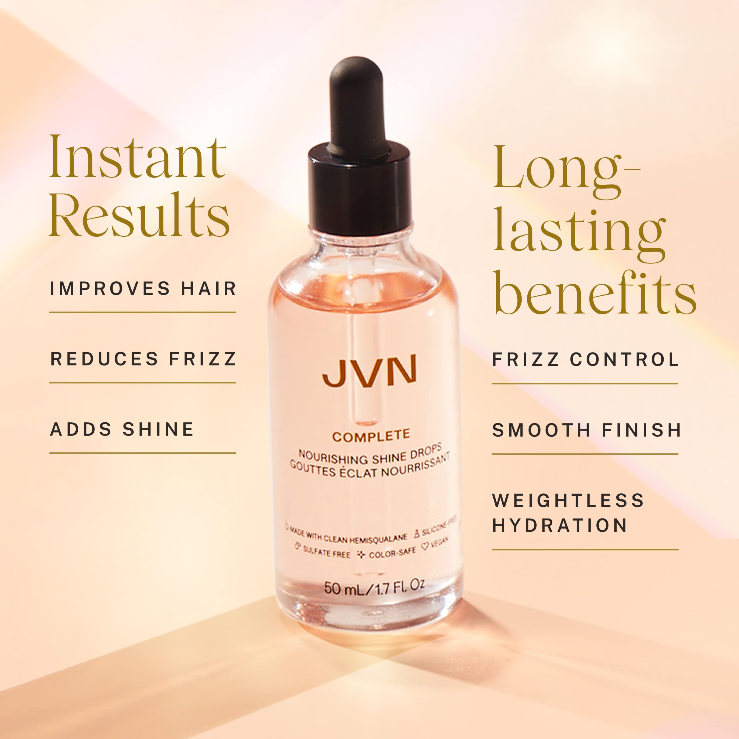 JVN Hemisqualane-powered Shine Drops promote lasting shine without heaviness.