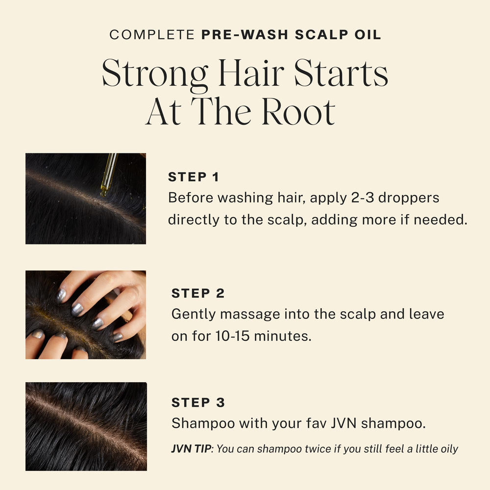 JVN Complete Pre-Wash Scalp Oil bottle close-up highlighting hemisqualane for hair health