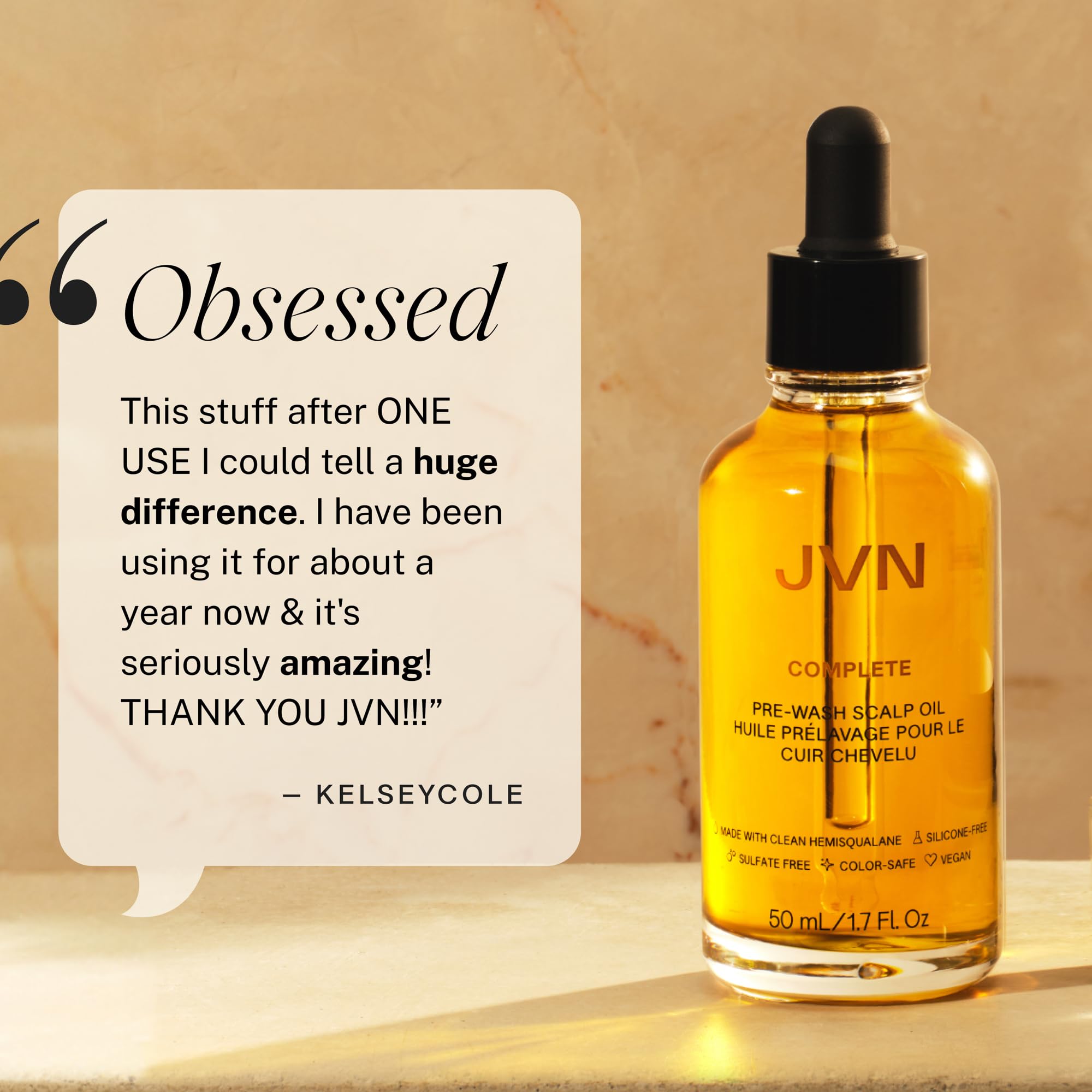 JVN Complete Pre-Wash Scalp Oil rosemary extract imagery emphasizes circulation-friendly benefits