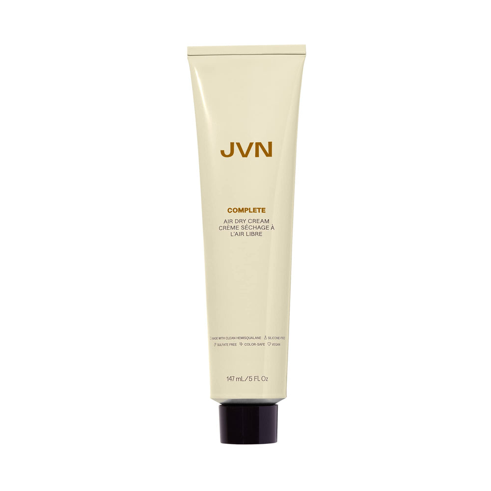 JVN No Heat Complete Air Dry Cream bottle demonstrates no-heat styling for quick looks