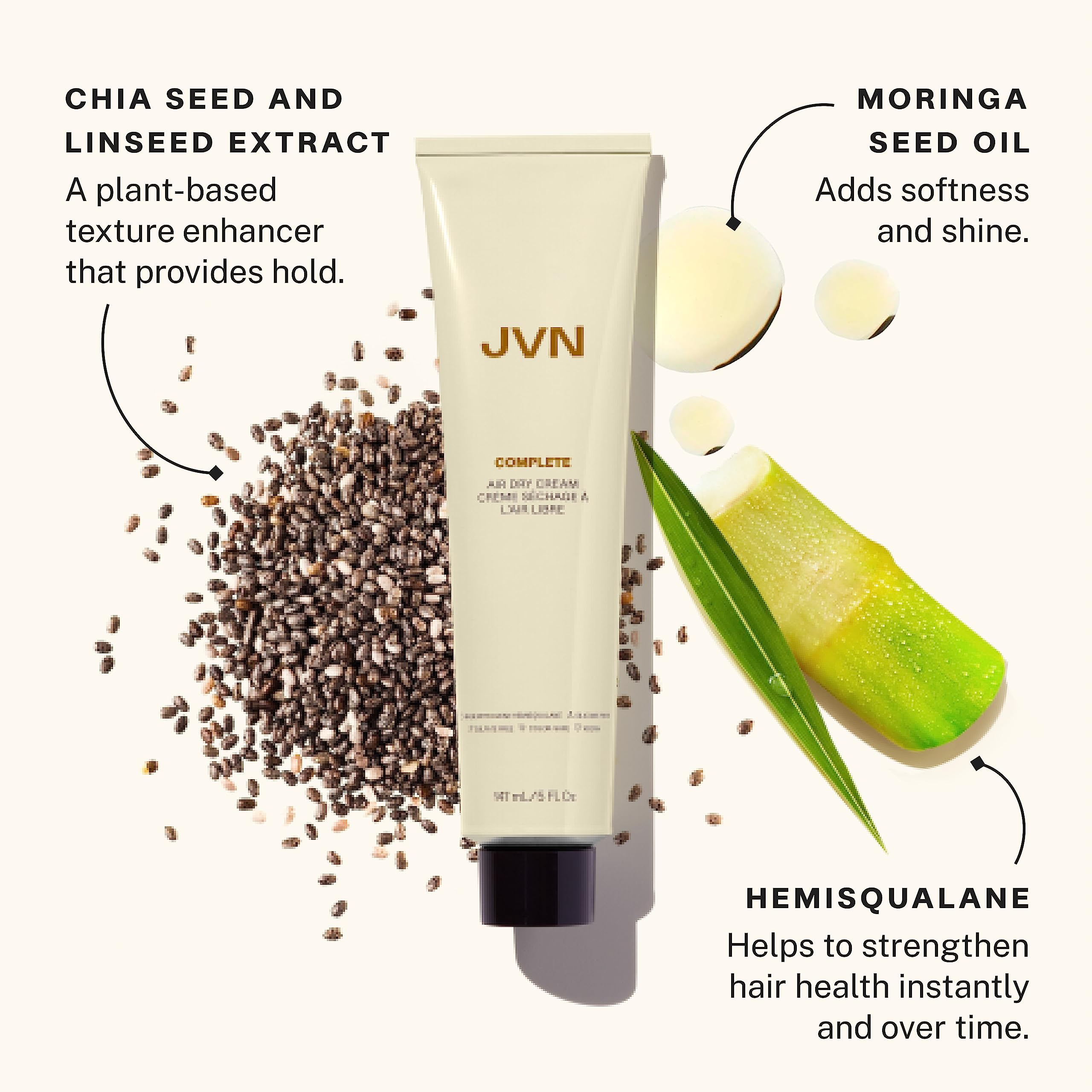 JVN No Heat Cream close-up indicates lightweight hold without weighing hair down