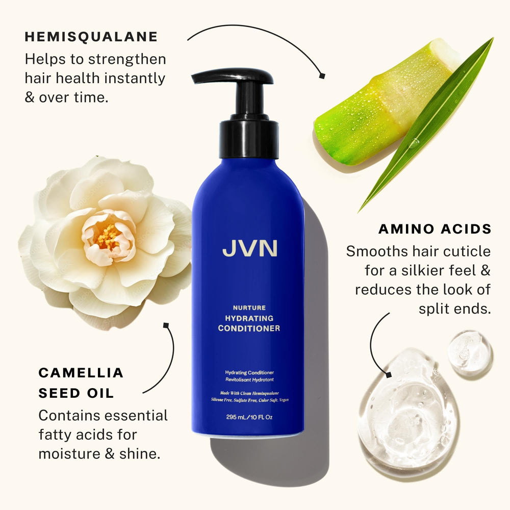 JVN Nurture conditioner bottle pour demonstrates easy application and instant moisture.