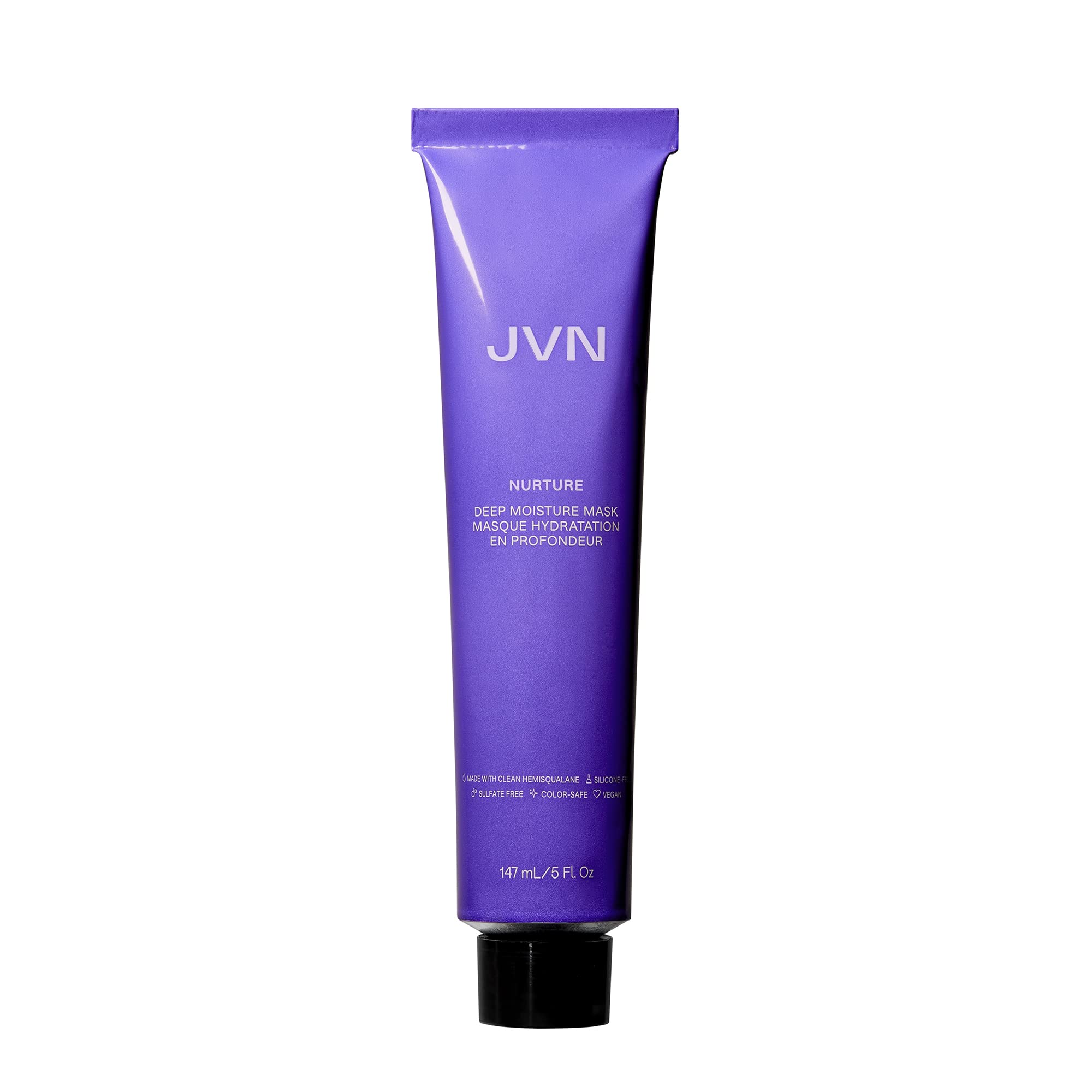 JVN Nurture Deep Moisture Mask bottle demonstrates deep conditioning for smooth, frizz-free hair.
