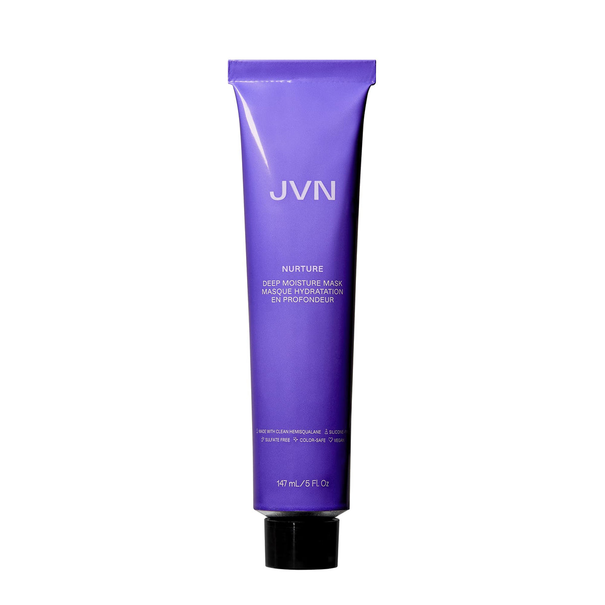 JVN Nurture Deep Moisture Mask bottle demonstrates deep conditioning for smooth, frizz-free hair.