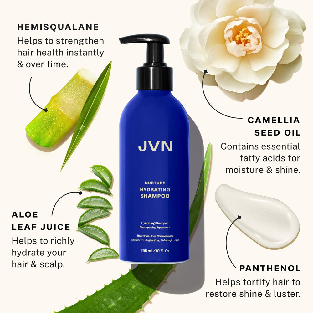 JVN Nurture Hydrating Shampoo being applied to detangle hair without weigh-down.