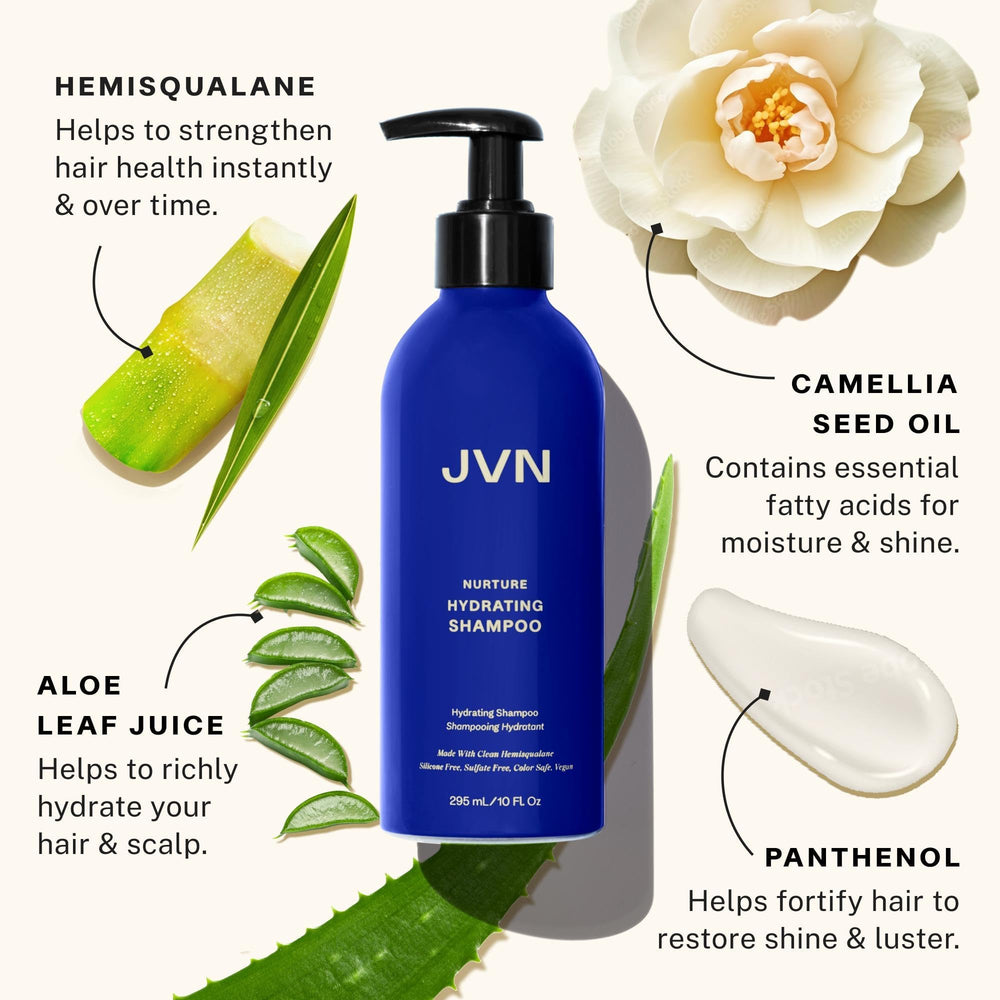 JVN Nurture hydrating shampoo pour shows rich lather for gentle cleansing
