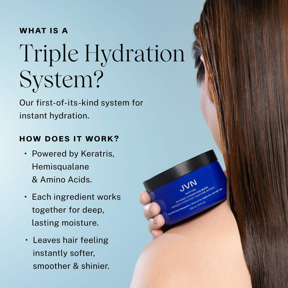 Hands apply JVN Nurture mask for even distribution through hair.