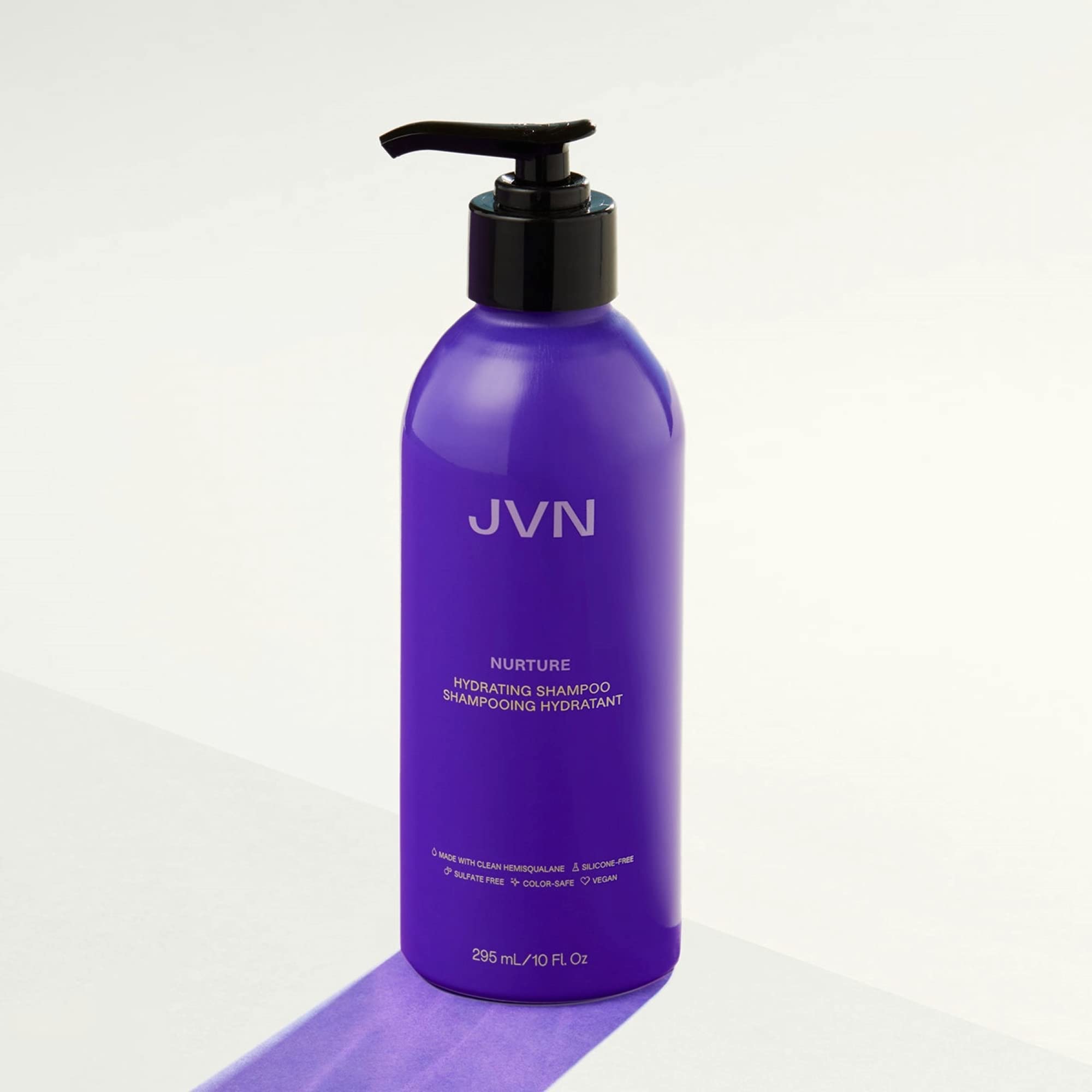 JVN Nurture Hydrating Shampoo in a bathroom setting, ideal for daily moisture.