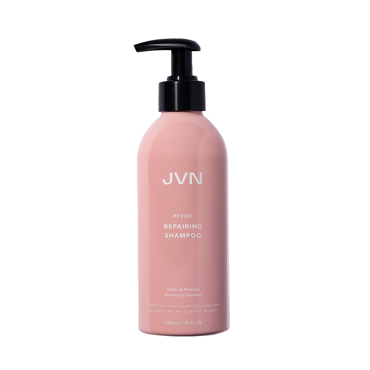 JVN Revive Shampoo bottle front shows silicone-free formula for color-safe repair.