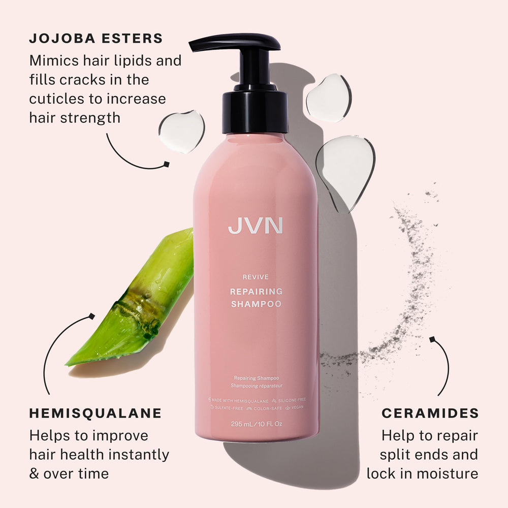 JVN Revive Shampoo lather closeup emphasizes ceramides repairing split ends.