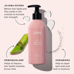 JVN Revive Shampoo lather closeup emphasizes ceramides repairing split ends.