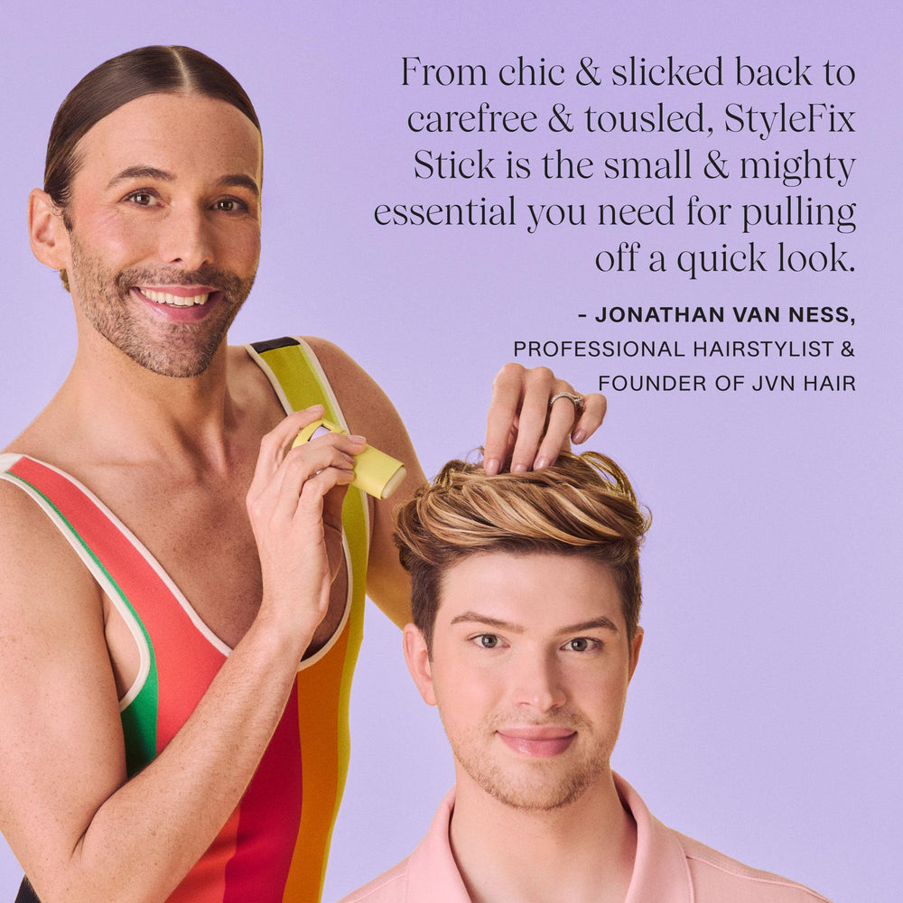 JVN StyleFix wax stick gliding through hair to create a sleek, polished look